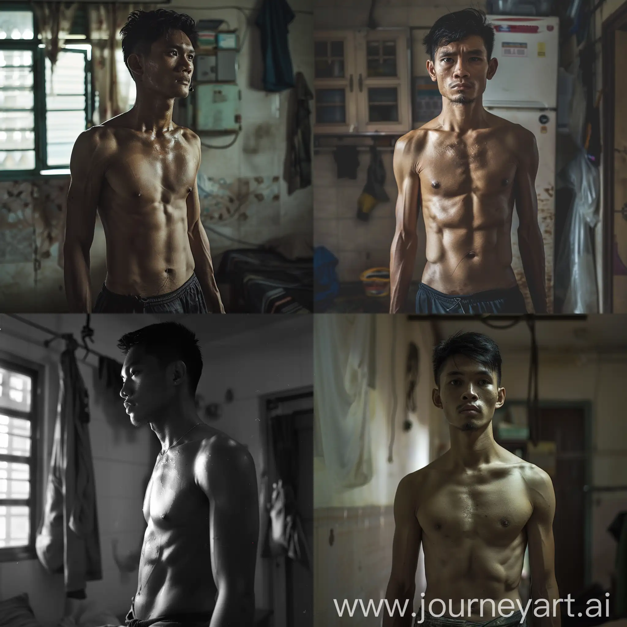 A skinny and shirtless Malay man, in a room