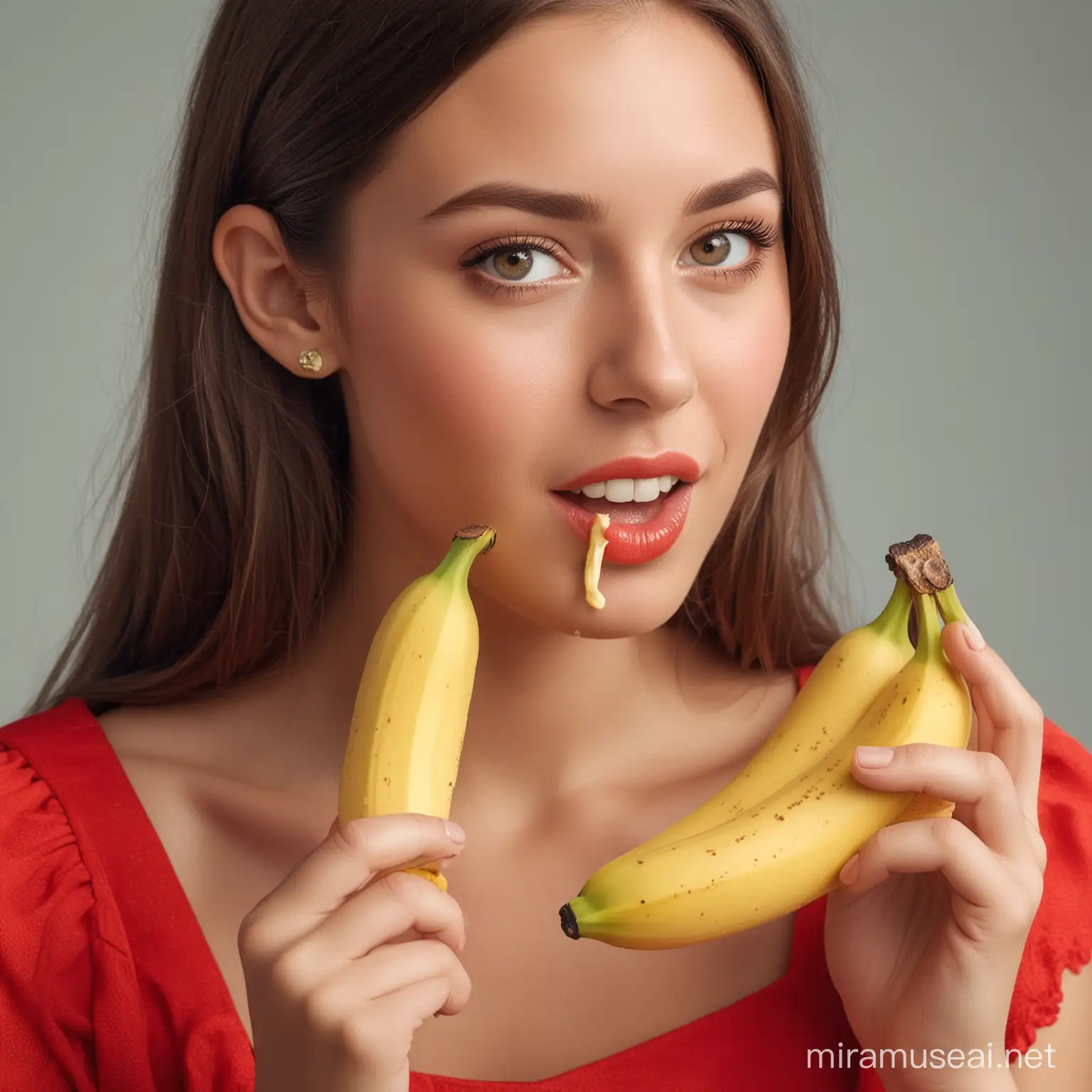 Closeup Realistic Girl in Red Dress Eating Creamy Banana