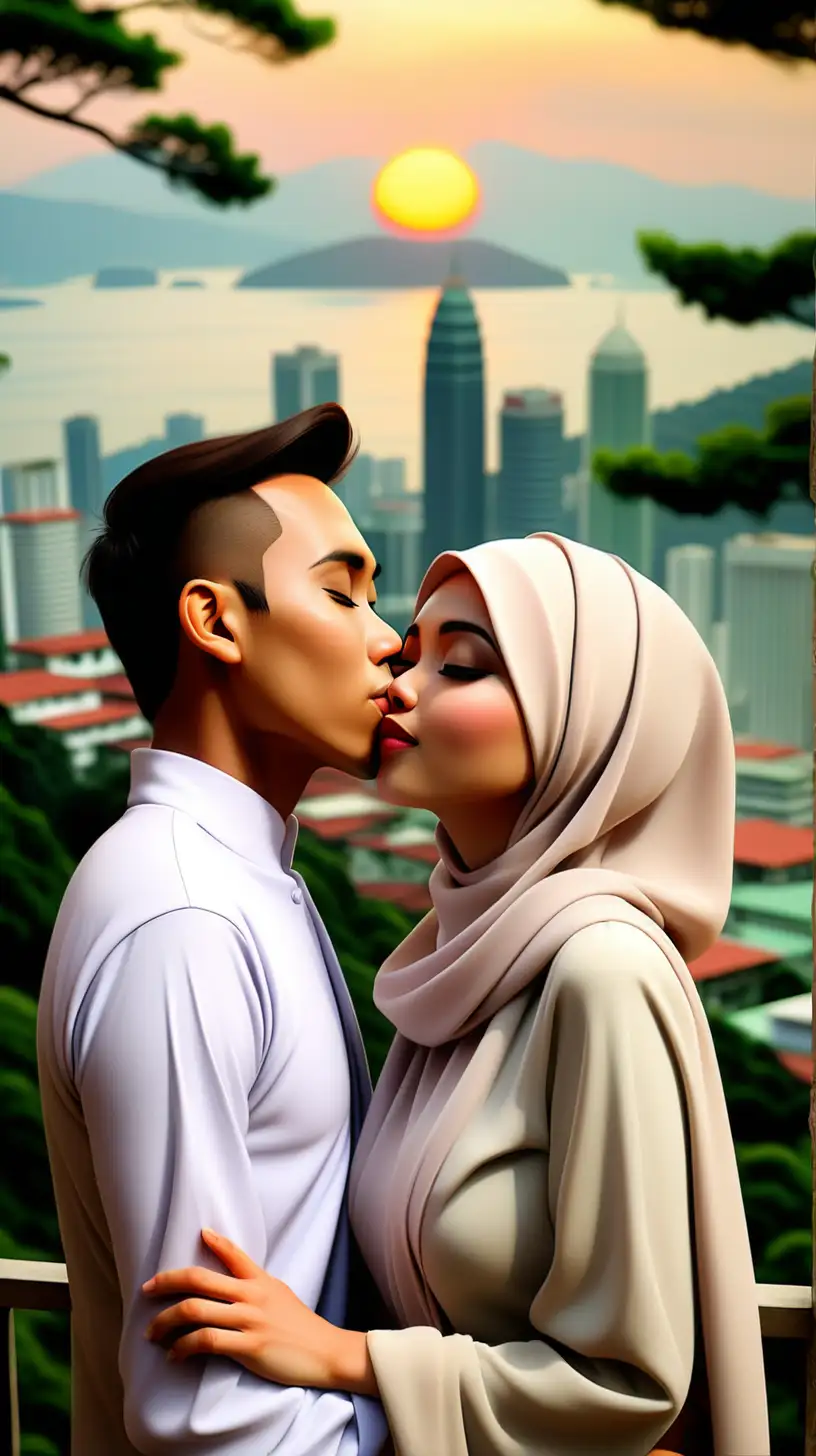 On Penang Hill, a Malay couple is intimately engaged in a passionate kiss. The handsome manand the woman in a pleated shawl hijab, are closely embracing each other. Their mouths meet in a searing, consuming kiss, symbolizing deep love and passion. The background features the lush greenery of Penang Hill and a distant city skyline, with the setting sun casting a warm, romantic glow over the scene, enhancing the intensity and emotion of the moment.