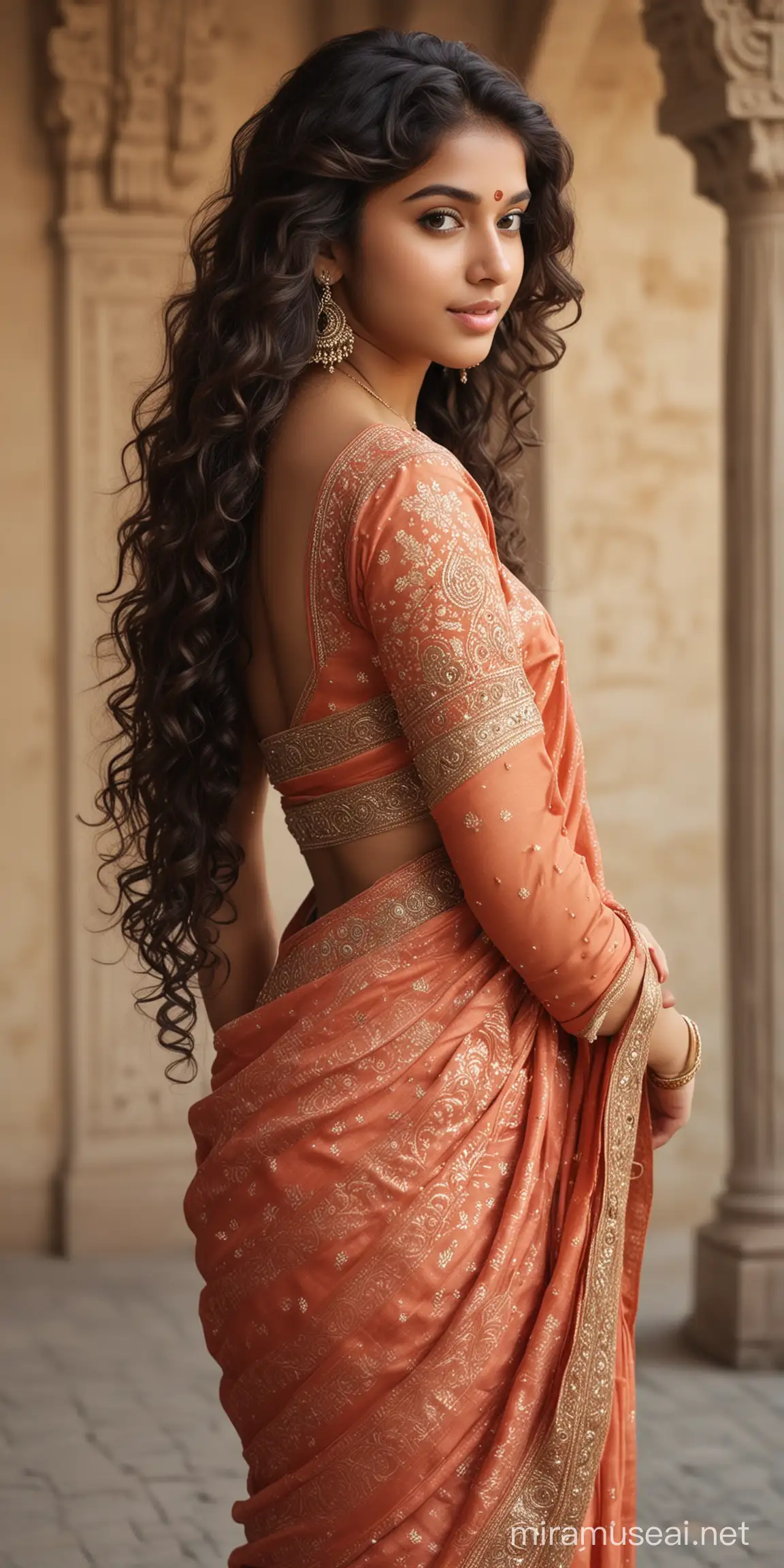 full body photo of most beautiful european girl as 16 year old cute beautiful indian girl, tuned away, low cut back, thick long curly hair , elegant saree look, arrogant ly looking back, intricate details, photo realistic, 4k.