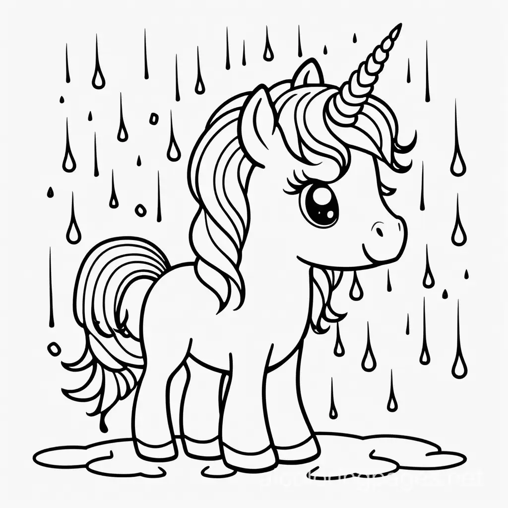 Full body simple cute baby ethereal rain unicorn , Coloring Page, black and white, line art, white background, Simplicity, Ample White Space. The background of the coloring page is plain white to make it easy for young children to color within the lines. The outlines of all the subjects are easy to distinguish, making it simple for kids to color without too much difficulty