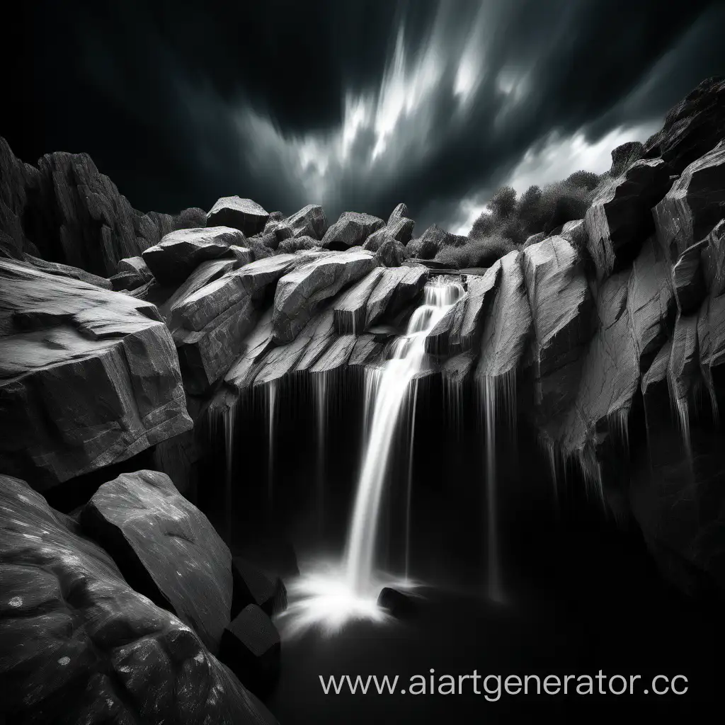 Black and white contrasty photo of a waterfall smoothed by long exposure, among picturesque rocks and ominous overtones of dramatic clouds in the sky, with the entire scene viewed from the above 