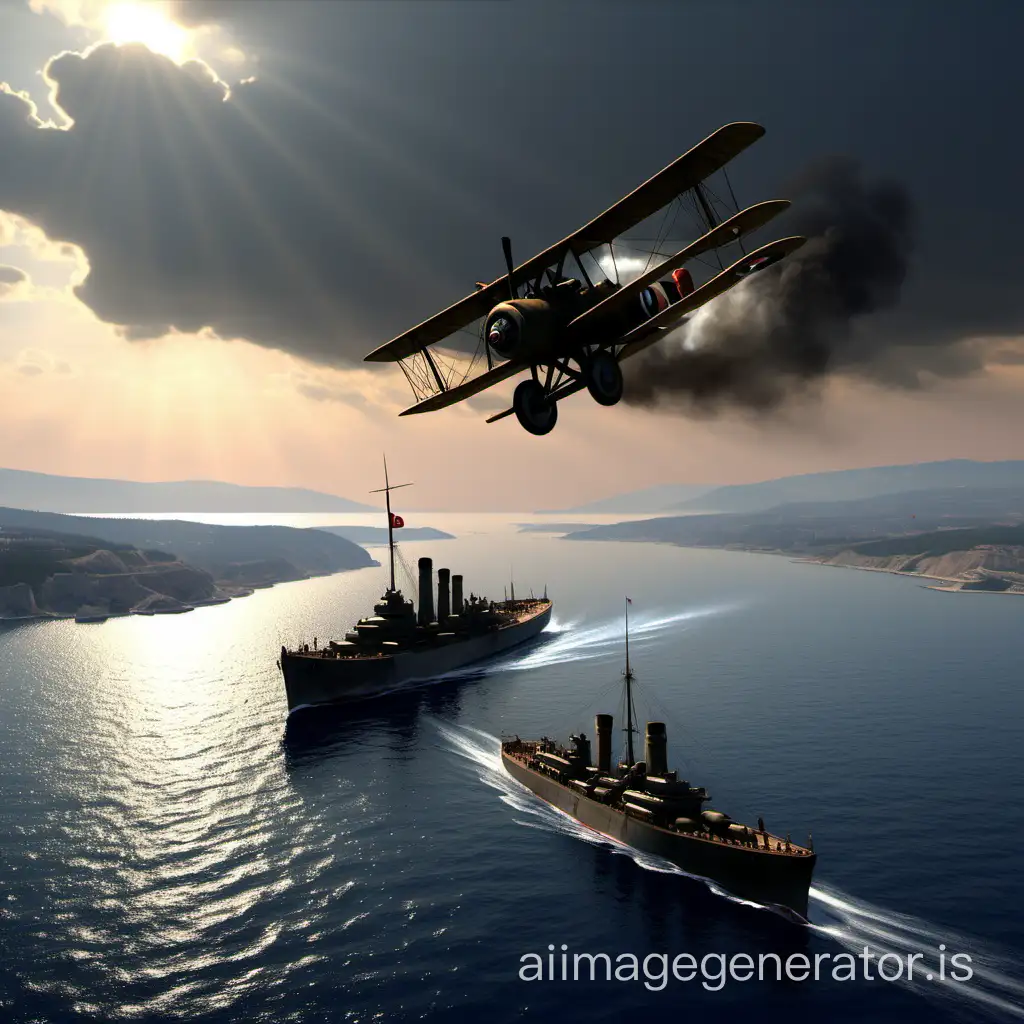 I want you to draw the Dardanelles Strait in 1915 from the air; there should be armored ships on the strait, some of the ships are hit and sinking. In the sky, there should be 2 fighter planes, and both the ships and planes should have the British flag. On both sides of the strait, Turkish soldiers should appear in defense from a distance. The planes should be of the 1915 model. Draw it as a broad scene with color. Colorful and hyper-realism.