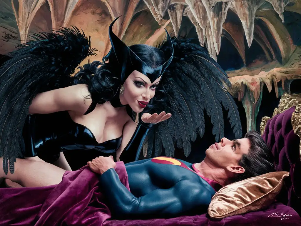 Detailed, Cave high vaulted ceilings, stalactites,  beautiful busty  Super villainess, long flowing dark hair,  large black  feathery wings, in black latex leaning over, blowing a kiss, helpless handsome male super hero, lying on plush velvet bed, Beautiful face, detailed eyes,