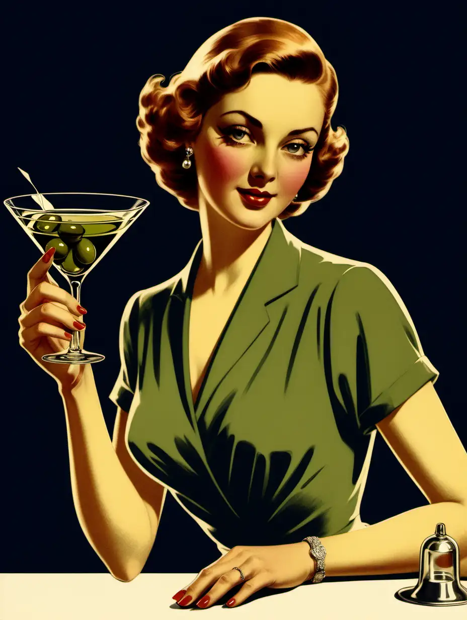 a vintage illustration of a woman holding a martini glass with olive in the glass