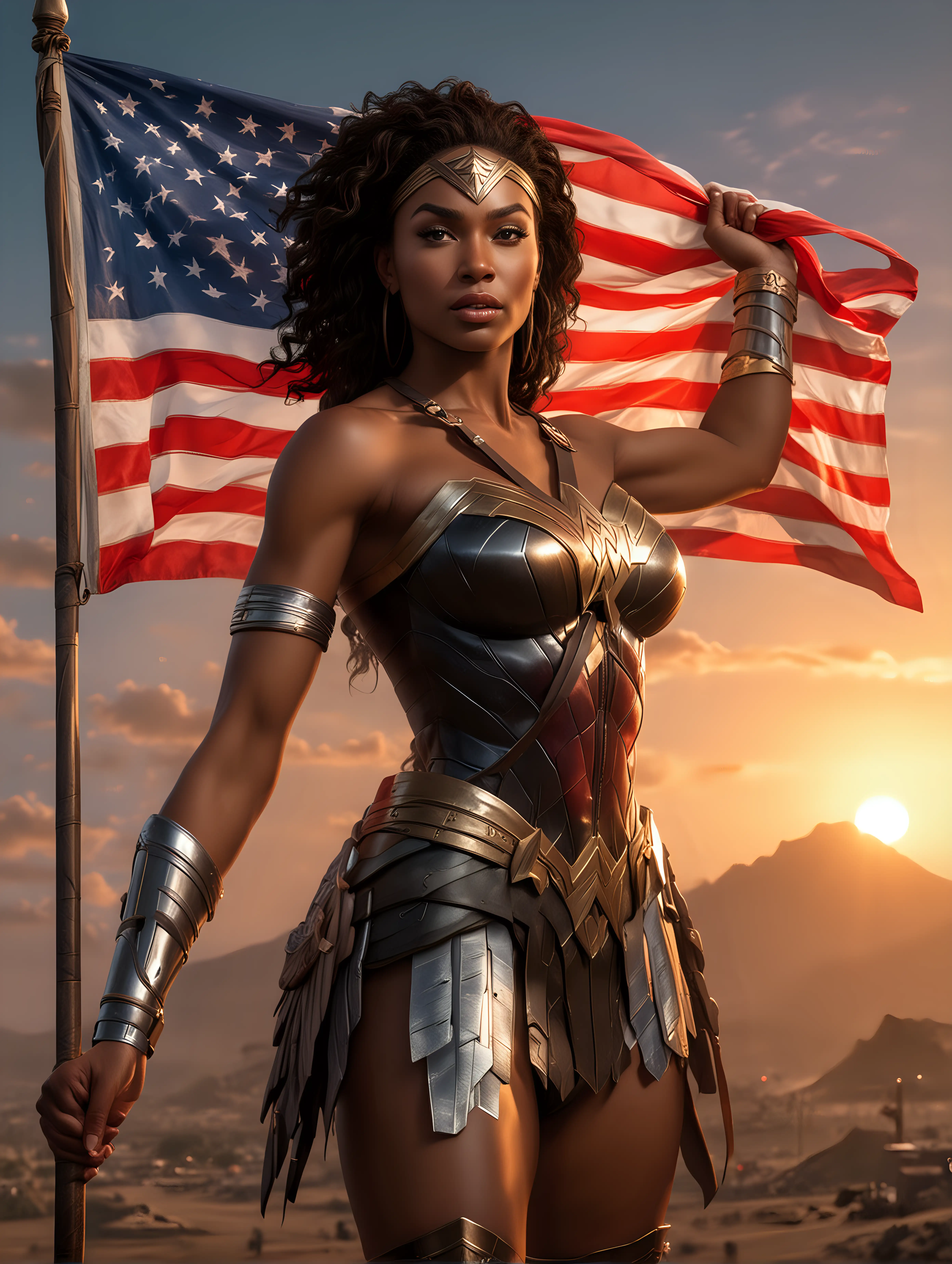 Photo by Lucio Parrillo, portrait of a well built black kenyan wonderwoman, closeup front, heroic pose, realistic photo of Sanaa as Wonder Woman, carrying an American flag, big boobs, wearing a wonder woman outfit, arms crossed, amazing sunset sky background with american flag, (masterpiece:1.0), (best quality:1.0), flash photography, realistic, dramatic lighting, analog-photo, artstation, concept art, smooth, sharp focus, award winning work