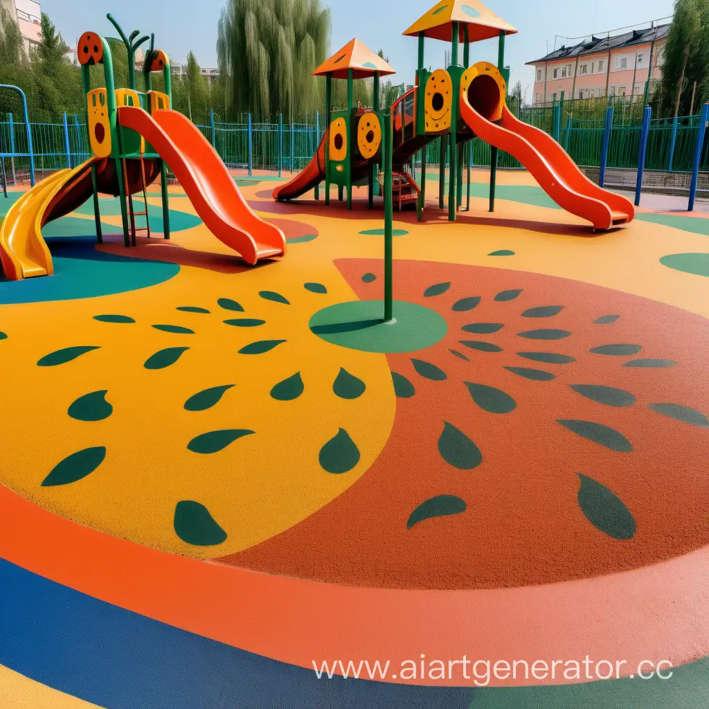 детская площадка в России покрытая  безопасным покрытием из цветной резиновой крошкой  с рисунками половин тропических фруктов на покрытии 
