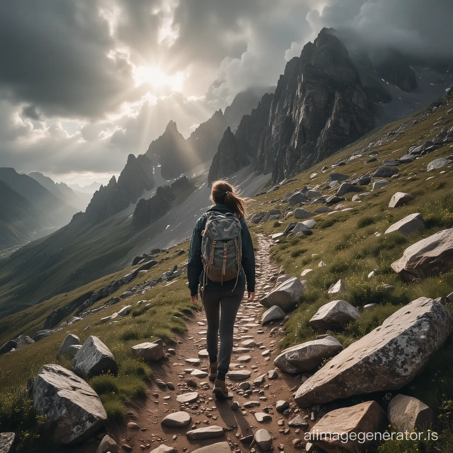 A young woman stands on the edge of a mountain slope, confidently looking ahead. She is wearing slightly torn sports clothes, a testament to the challenges she's faced on her journey. An old backpack rests on her back, filled with her personal items, reminding her of the essentials she carries on this path.  The background is dominated by thick clouds that cover the sky, veiling the sun's rays and casting an air of mystery and awe. Below her, a rugged mountain road winds down the slope, leading into a deep valley. Scattered rocks on the path serve as reminders of the hardships and obstacles she's overcome.  Amidst the overcast sky, a faint ray of sun breaks through the clouds, symbolizing hope and endless possibilities. On the ground, footprints mark the passage of others who've trodden this challenging path before her, a silent testament to the resilience and courage shared by those who face the mountains of life.