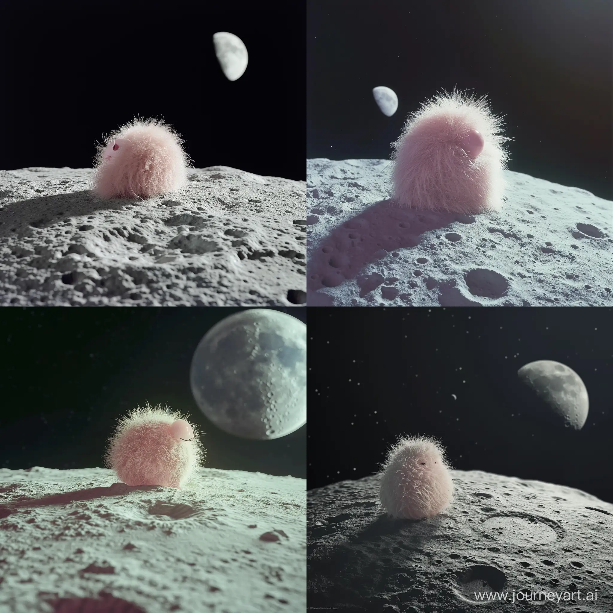 маленький пушистый инопланетный зверь розового цвета сидит на луне