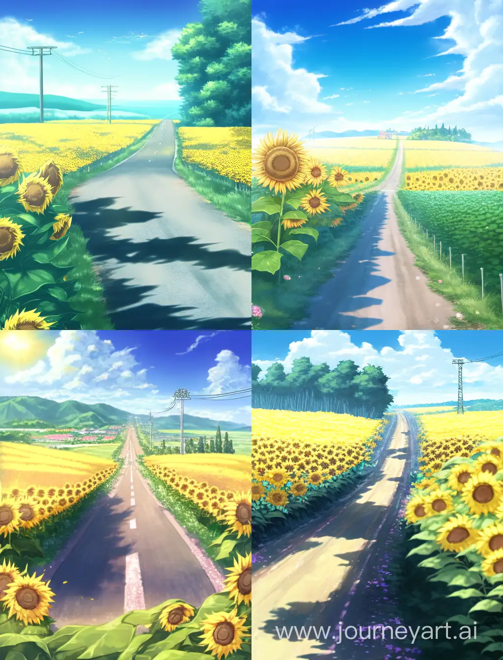 road and a field of sunflowers on both sides