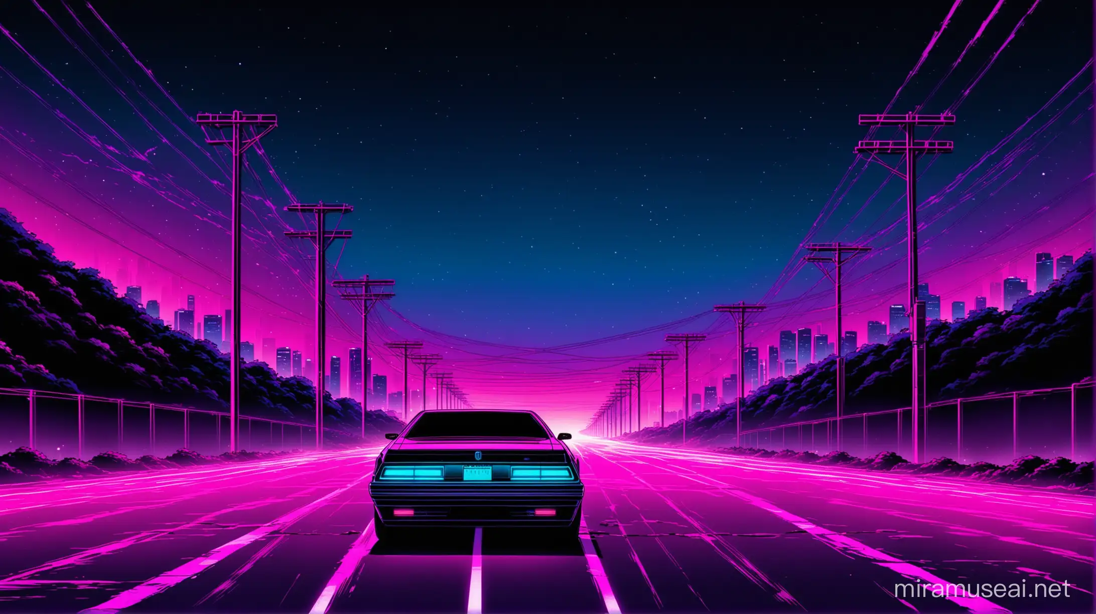 Synthwave Car Driving Through Abandoned City at Night