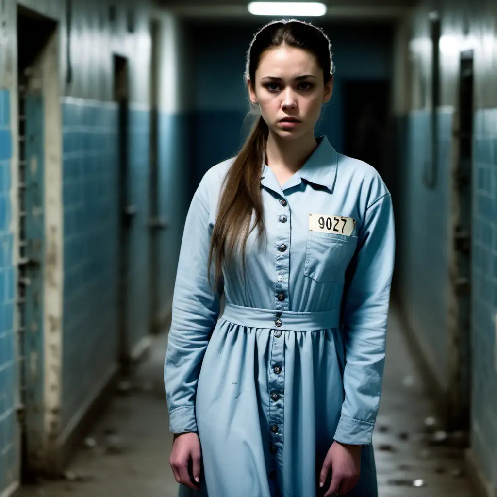 A busty prisoner woman (19 years old, same dress) stand  in a prison corridor in dirty ragged paleblue longsleeve midi-length buttoned  gowndress (a printed "4327" numberlabel on chestpocket, brunette low pony hair, sad and ashamed ), look into camera