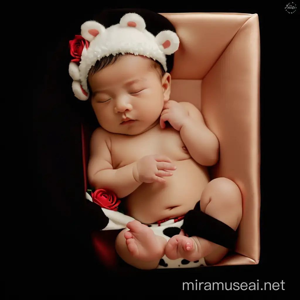 A Chinese newborn, Asian Chinese baby, rosy face, black hair, white swaddling clothes, surrounded by dreamy rose flowers, 3d newborn dalmation 3d newborn with head, baby photography, 3d digital art gallery & baby doll photo gallery, in the style of abdel hadi ai gazzar, 3 months old iw 2 --s 750