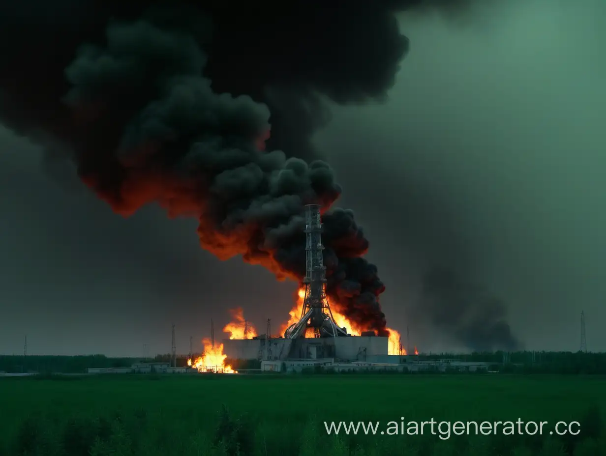Chernobyl accident, green acrid smoke, fire, dark sky 4k
