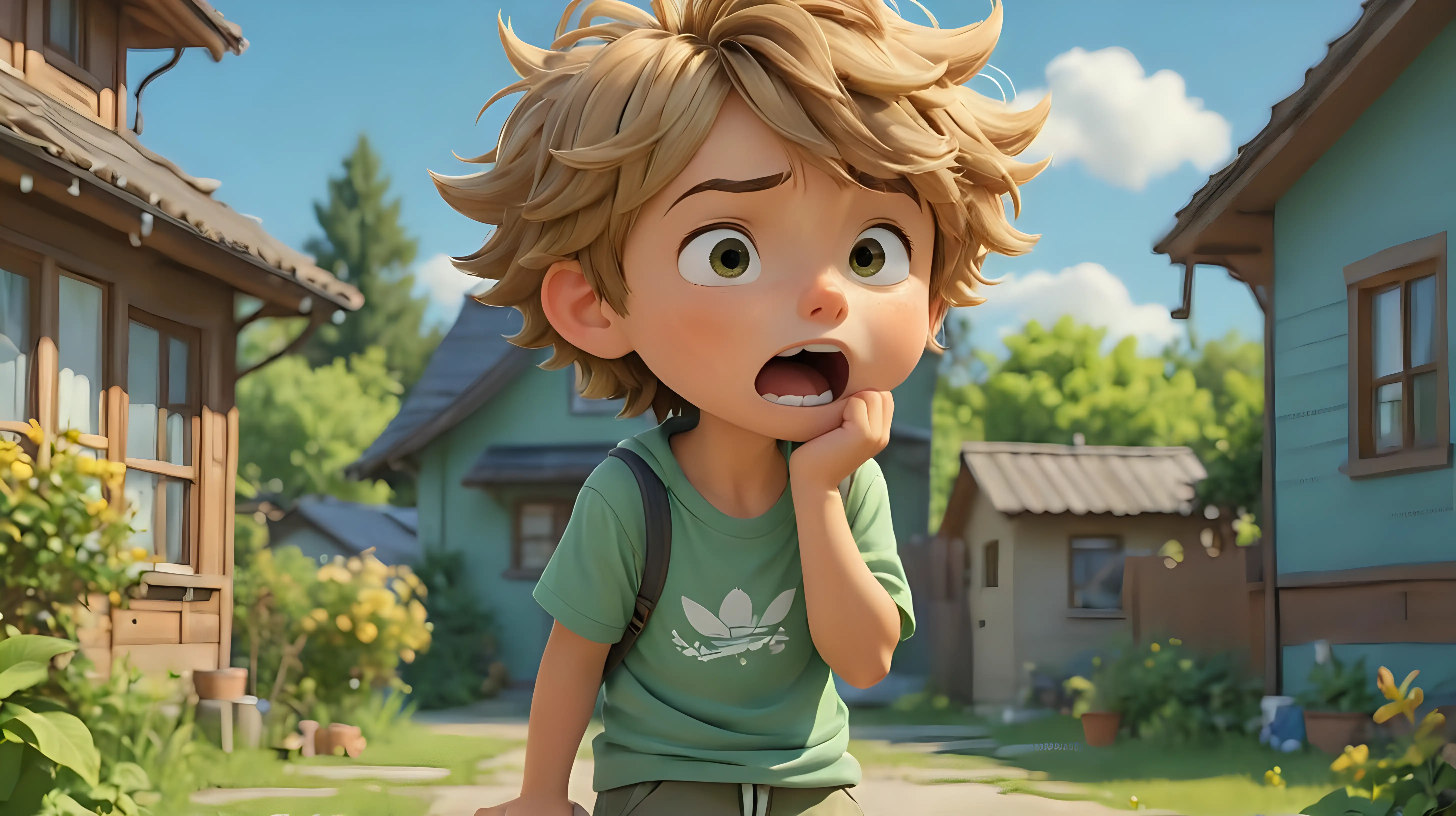 little cute boy character, his throat hirts, holds his throat, sick, cough, a beautiful yard of a house ,blue sky  background, multiple poses and expressions, cute 5 year old boy, blue- green shorts, green rubbers with white laces, blond-brown messy hair, ,flat color, in the style of chibi, detailed - iar 16:9