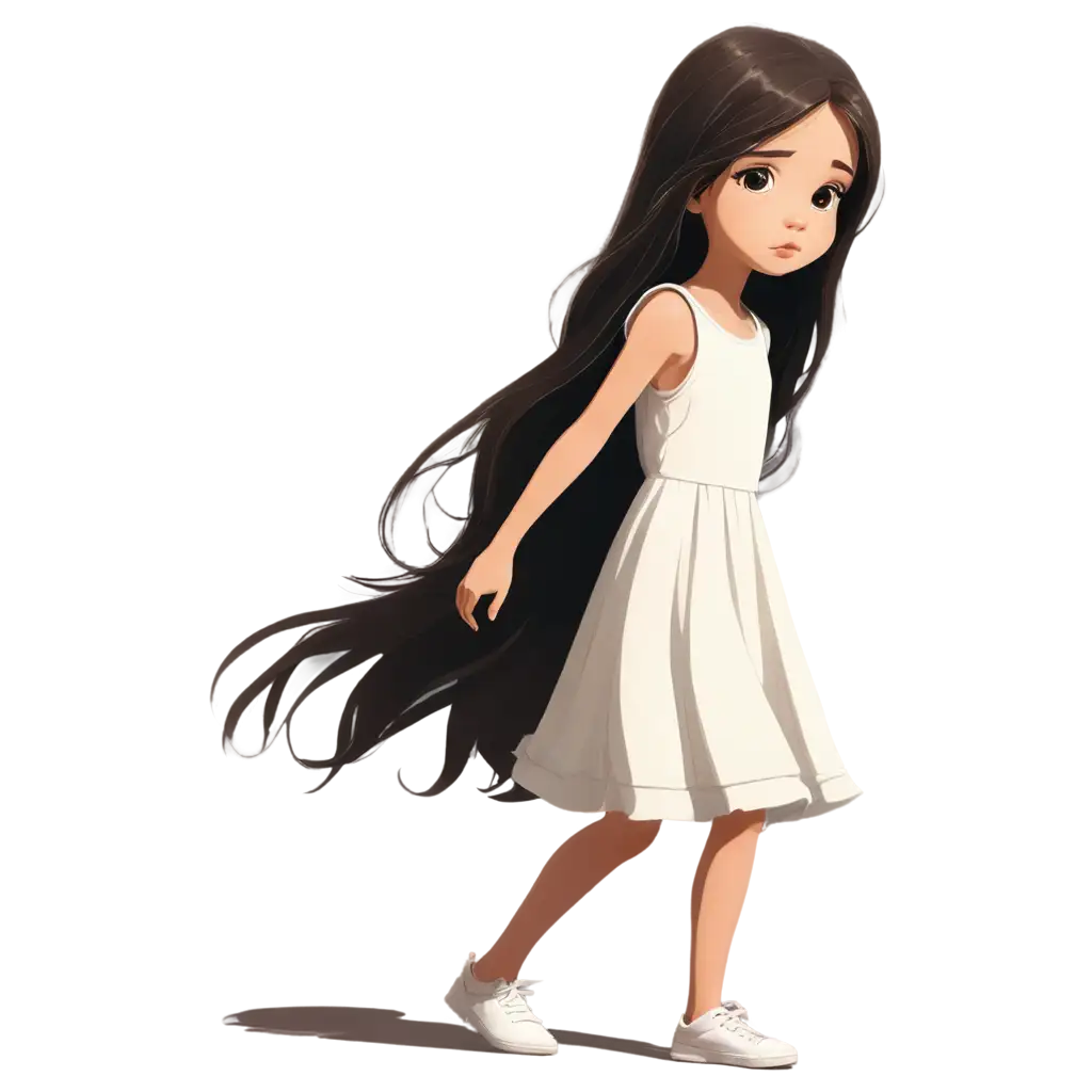 cartoon drawing: A  beautiful little girl with white skin, big hazel ejes and black hair. She is wearing a white dress. Show her walking away with a sad face.