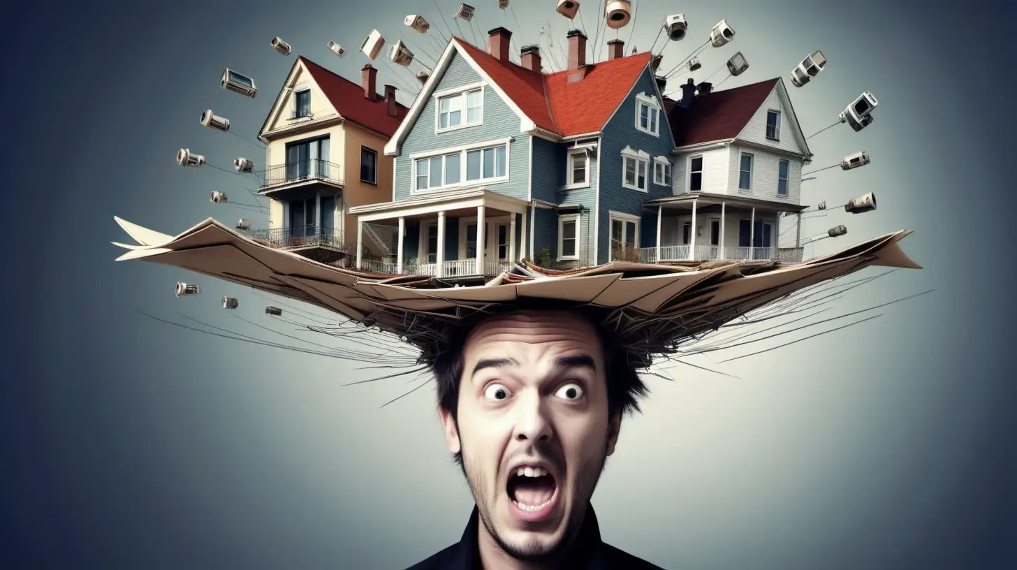 crazy architectural houses bursting out from a person's head