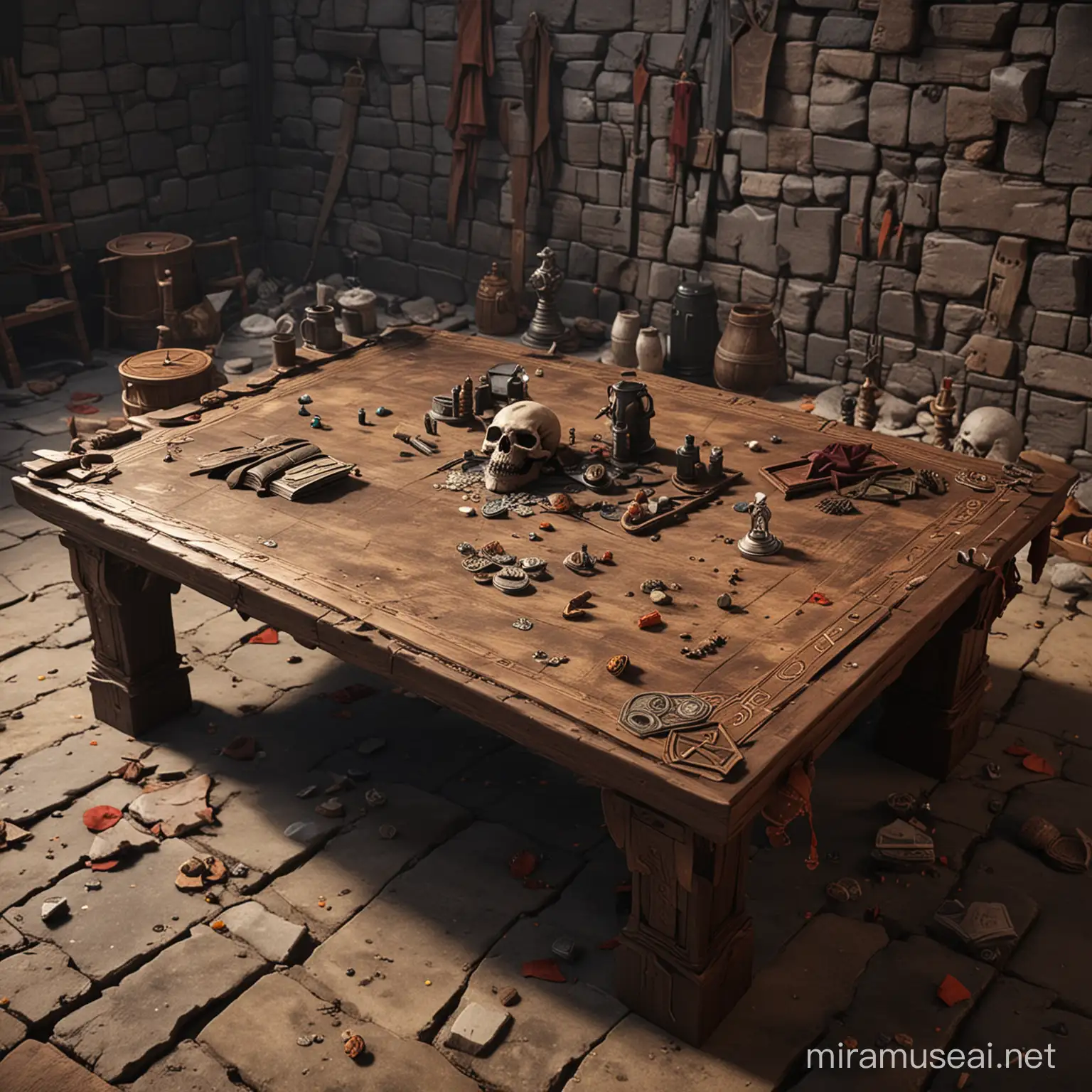 Fantasy roleplaying game. An animated table laying on a corpse.