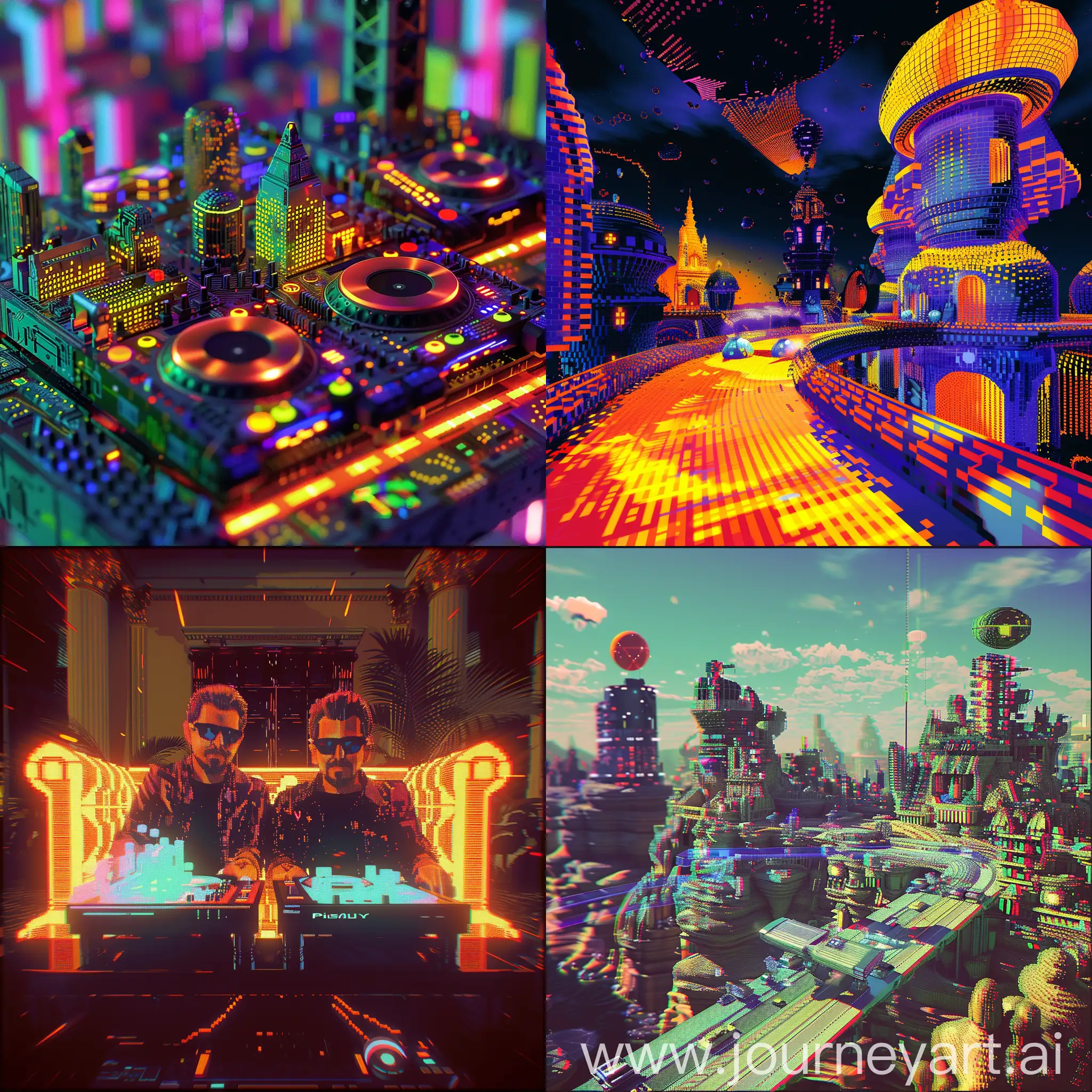 pixelated glitchart of DJ-duo Dimitri Vegas and Like Mike, ps1 playstation psx gamecube game screencapture, bryce 3d 