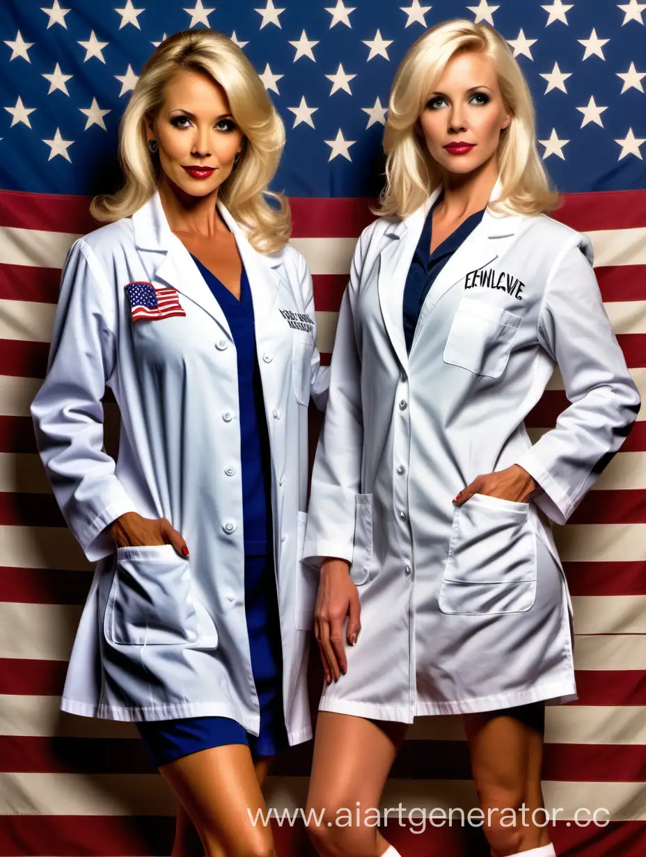 Две Ретро Блондинки, 40 лет и молодая, с Загорелыми Телами Сексуальные Ноги белый лабораторный халат на фоне флага США надпись "ENCLAVE"