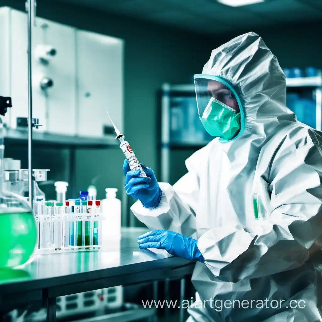 Учёный в костюме биохимической защиты держит шприц с неизвестным веществом внутри шприца. На фоне лаборатория биологических исследований.