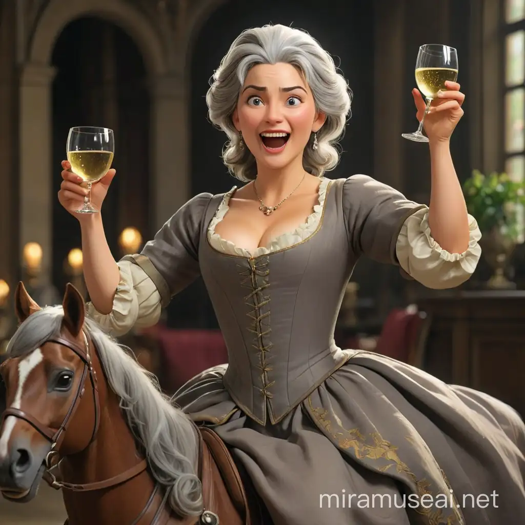 Emilie du Châtelet, a perky plump woman with gray hair and a masculine build, sits in an 18th-century dress on a horse, raising one hand with a glass of wine. She shouts out a toast. WE see her in full growth, with arms and legs. In the style of 3D animation realism.