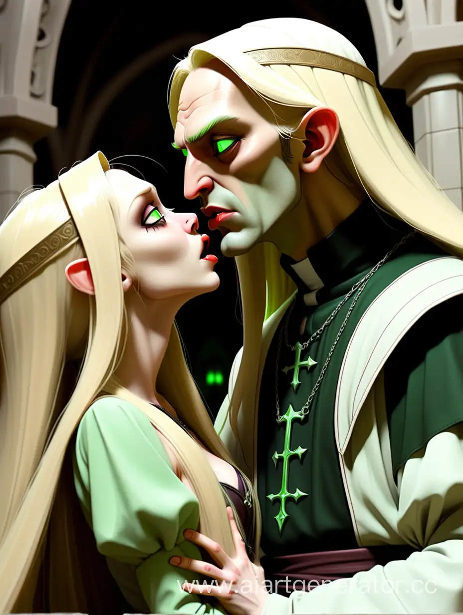 The succubus girl playfully tries to kiss a praying tall priest with green eyes and long blonde hair, who tries not to give in to her