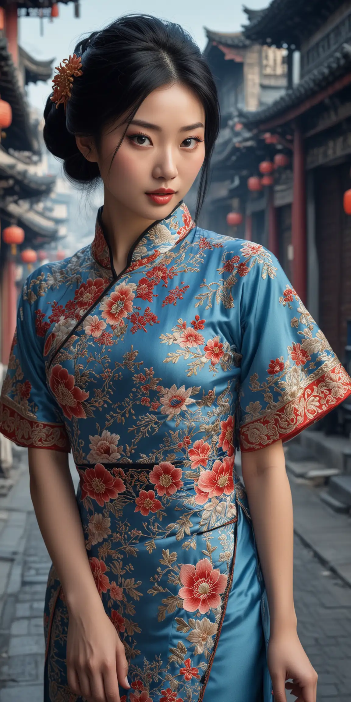 Captivating Chinese Woman in Scarlet Qipao with Azure Gaze