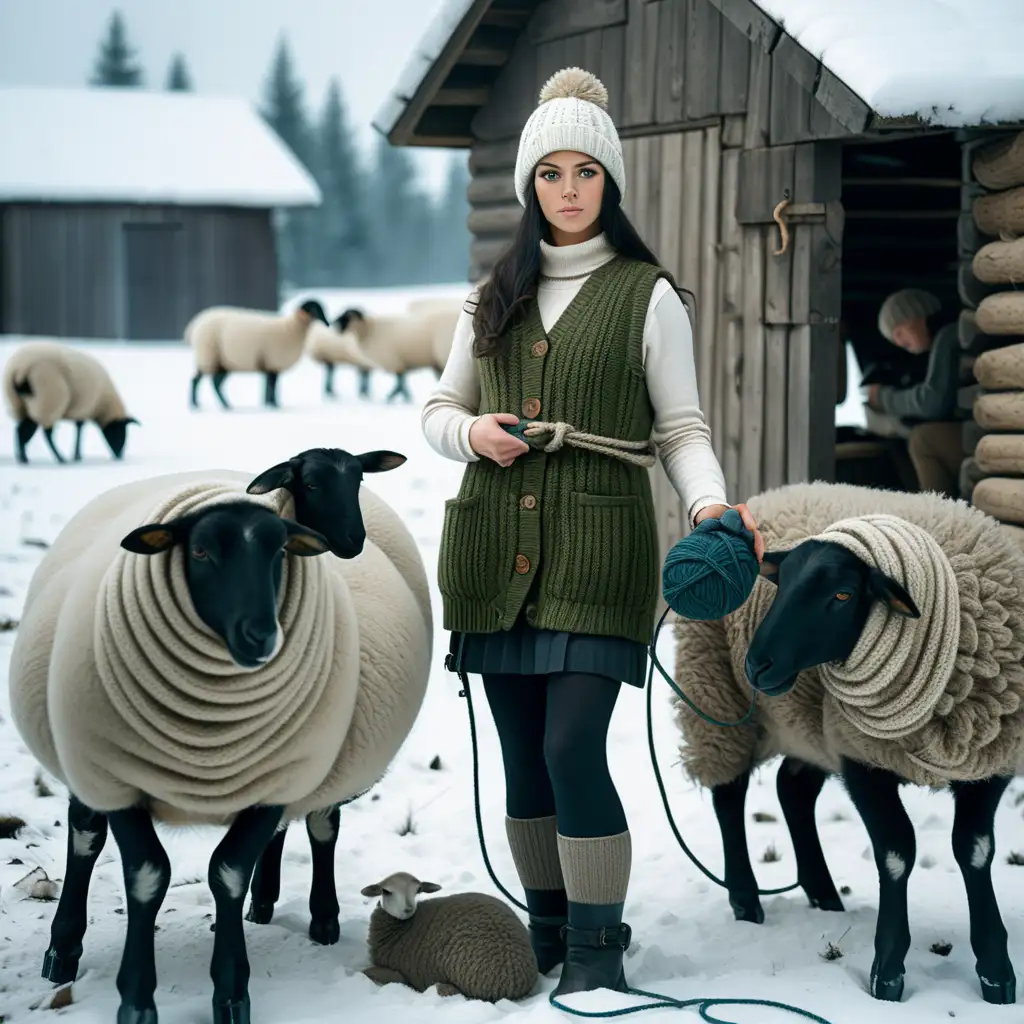 Russian Farm Girl Tending Sheep in Winter Wonderland