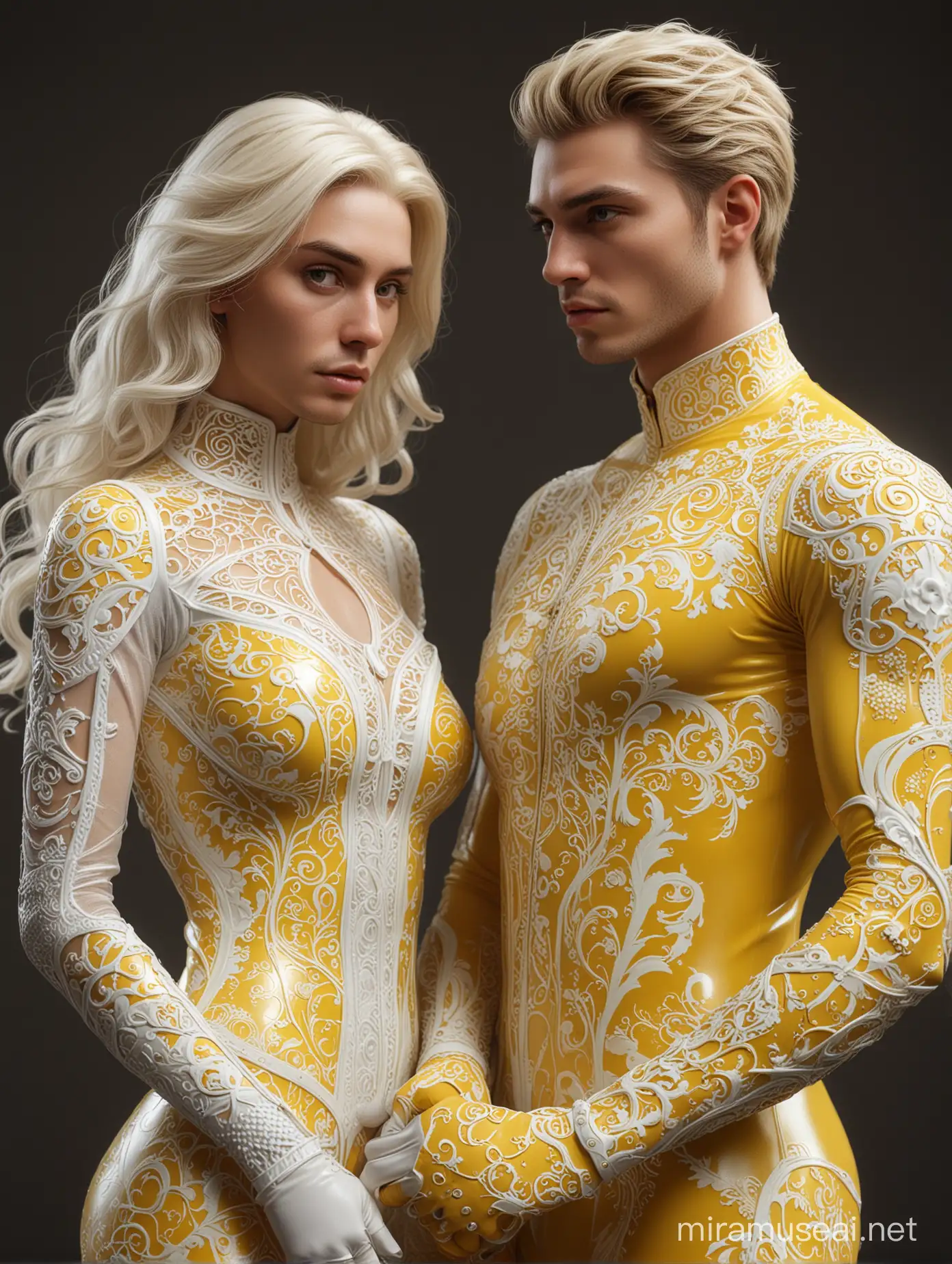 Full full body a beautiful couple, celestial handsome hunky Kaiser wearing a yellow and white circular filigree latex spandex and gloves and  celestial Mira wearing white and yellow circular filigree latex spandex, standing firmly face frontal camera focus asymmetrical face details,charachter, beautiful, devian art, trending artstation, digital art, detailed, realistic, humanoide, character,cinematic sho ,cinematic lights, high textures, high resolution, dreamlikeart, 8k, highly detailed, stabilized diffusion. Detailed face and fingers.