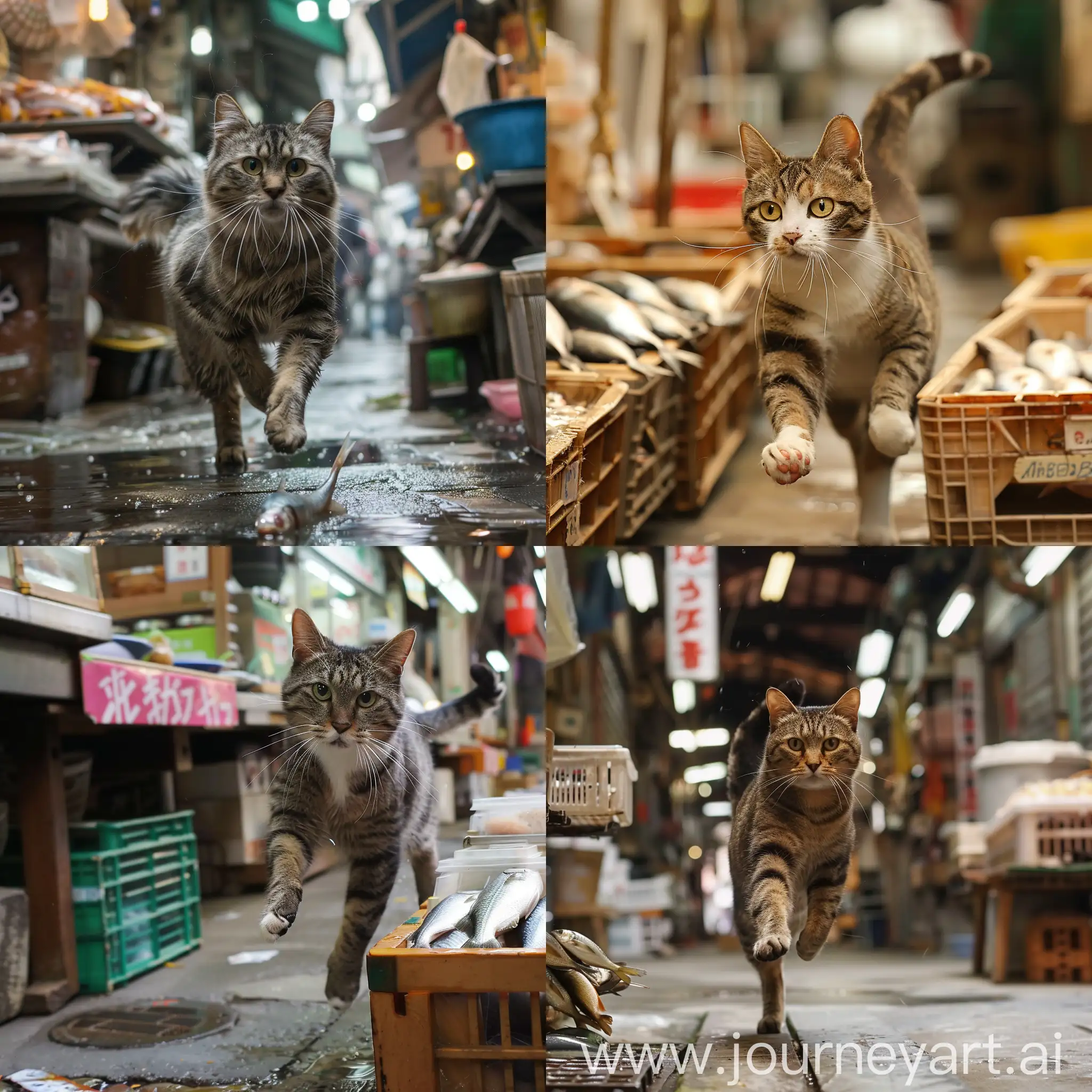 a cat running from market with fish 