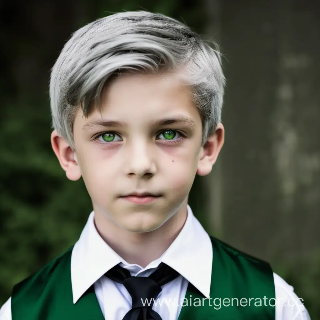 Twelve year old Boy with short grey hair and grey eyes wearing white shirt dark Tie and green Medieval costume