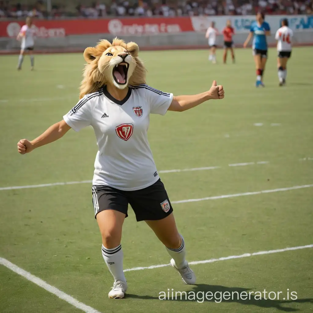 happy female lion celebrating a goal on hind legs into a football field, wearing a estudiantes de la plata t-shirt