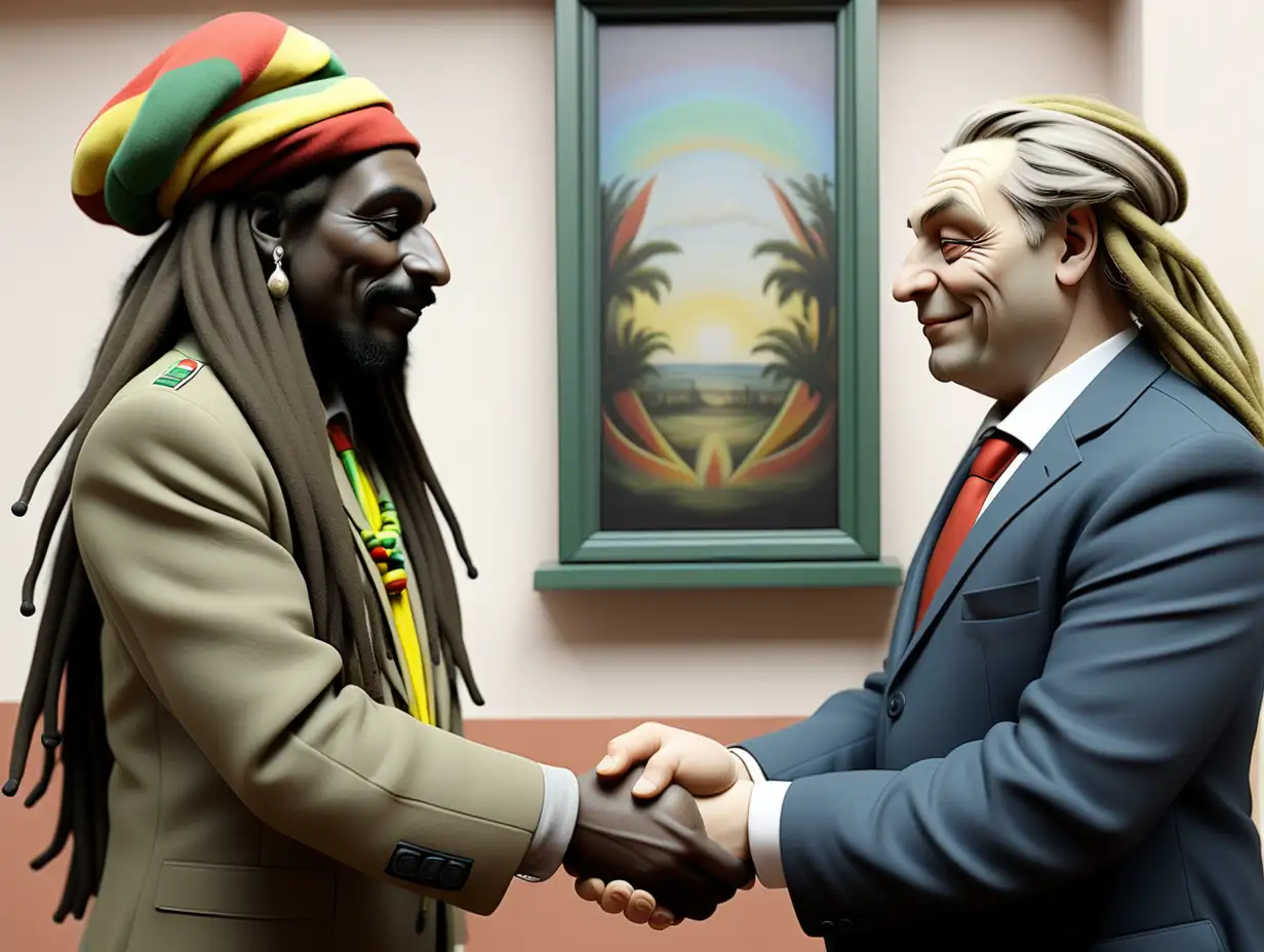 Rastafari man meet with Mészáros Lőrinc  Orban Viktor and handshake. Orban Viktor is realistic. 