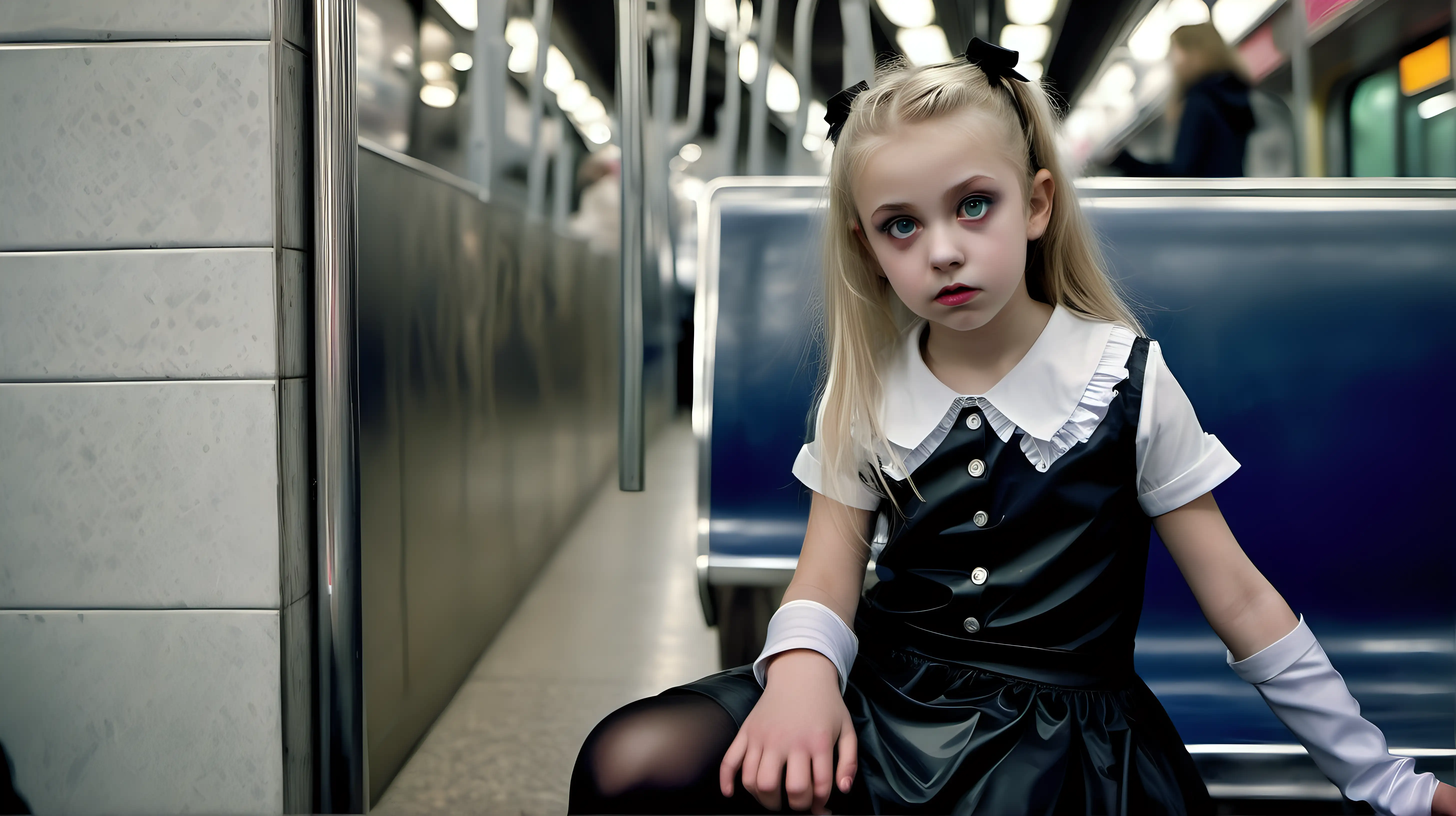 
 
shot with Nikon AF-S DX NIKKOR 35mm f/1.8G Lens in the street  

portrait of gothic blond little girl 9 years old little girl, wearing schoogirl uniform, black  tights diffused light low pony hair clear eyes  wearing    tights  with mom  nordic model, sitting on a seat in the subway diffused light
, elle porte  des collants en cellophane  transparents, sa maman Goth girl. Neon lights.  .  makeup flow, zoom face
wearing latex shiny dress 
des hauts talons stiletto,  
 dans les couloirs du métro, beaucoup de néons et de lumières blanche

with mom  wearing     dress,   black tights, [Highly Detailed]     
with high heels stiletto,  
look sad, make-up flow

zoom face

suntanned skin, natural skin texture, (highly detailed skin:1.1), 
textured skin, (oiled shiny skin:0.5), 
 ,intricate skin details, visible skin detail, (detailed skin 
texture:1.1), mascara, (skin pores:1.1),  , skin fuzz, (blush:0.5), (goosebumps:0.5), translucent 
skin, (minor skin imperfections:1.2),    
(round iris:1.1), light reflections in her eye, visible cornea, highly detailed iris, remarkable detailed pupils 

portrait shot , zoom eyes

--v 6
