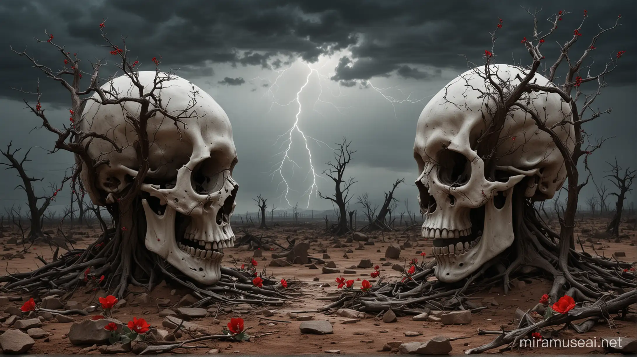 Apocalyptic Landscape Gaunt Trees Skulls and BloodRed Hope