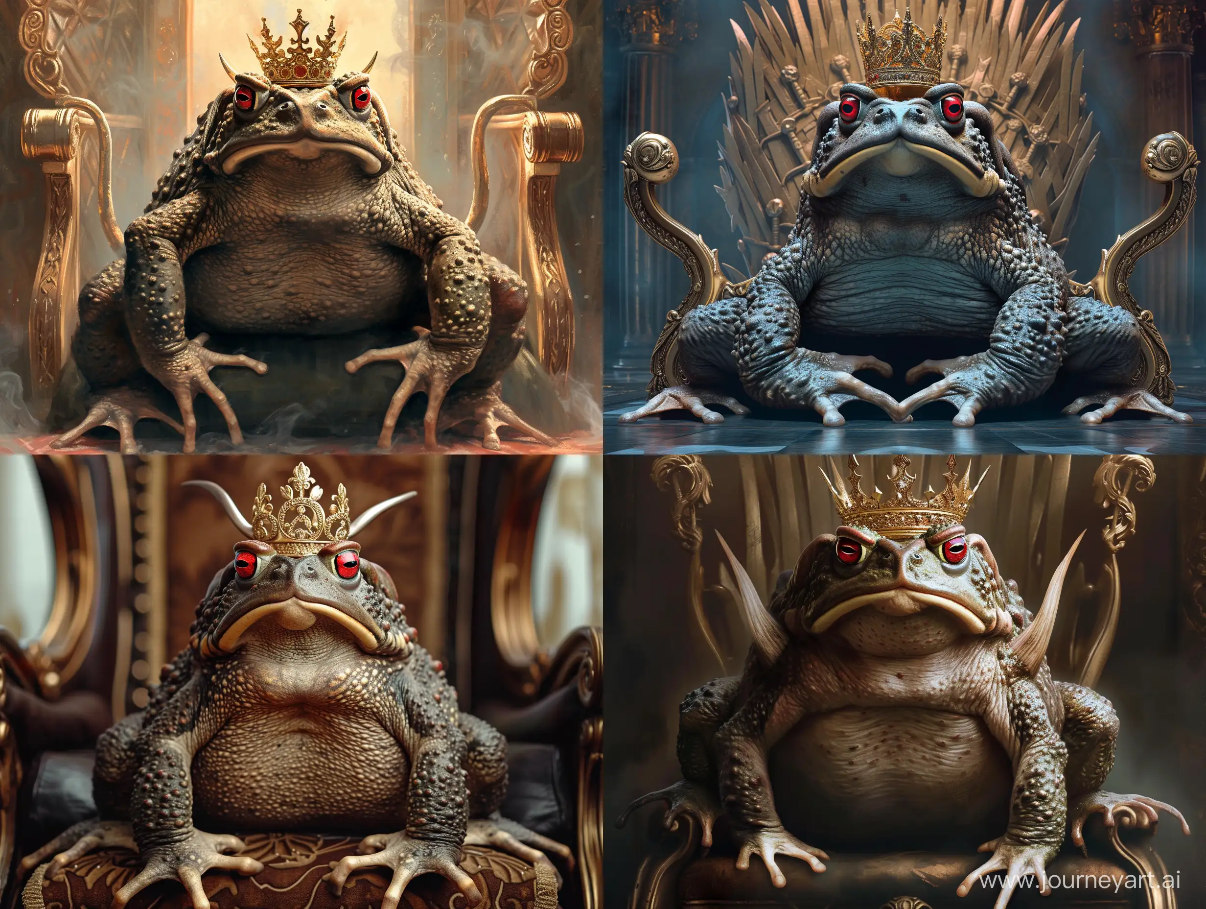 A giant scary toad with red eyes and long sharp horns wearing a beautiful gold crown on its head sitting on a beautiful magnificent throne