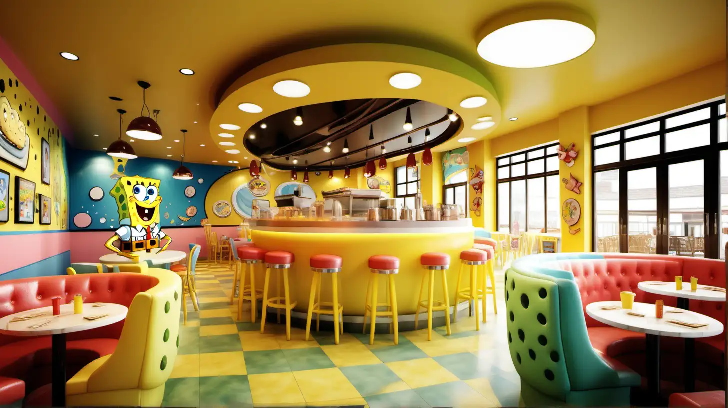 Realistic 35mm photograph, design an interior view of Sponge bob cartoon Themed cafe design,  elegant, rich,