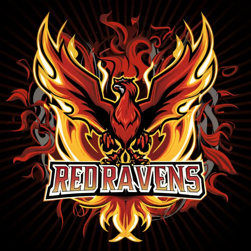 a logo design,with the text "Fc Red Ravens", main symbol:This design features a bold and fierce phoenix rising from flames, incorporating the colors red, orange, and black to symbolize power and intensity. The wings of the phoenix form the shape of a raven, representing your team's name. The white accents provide contrast and help the design pop.,Moderate,be used in Sports Fitness industry,clear background