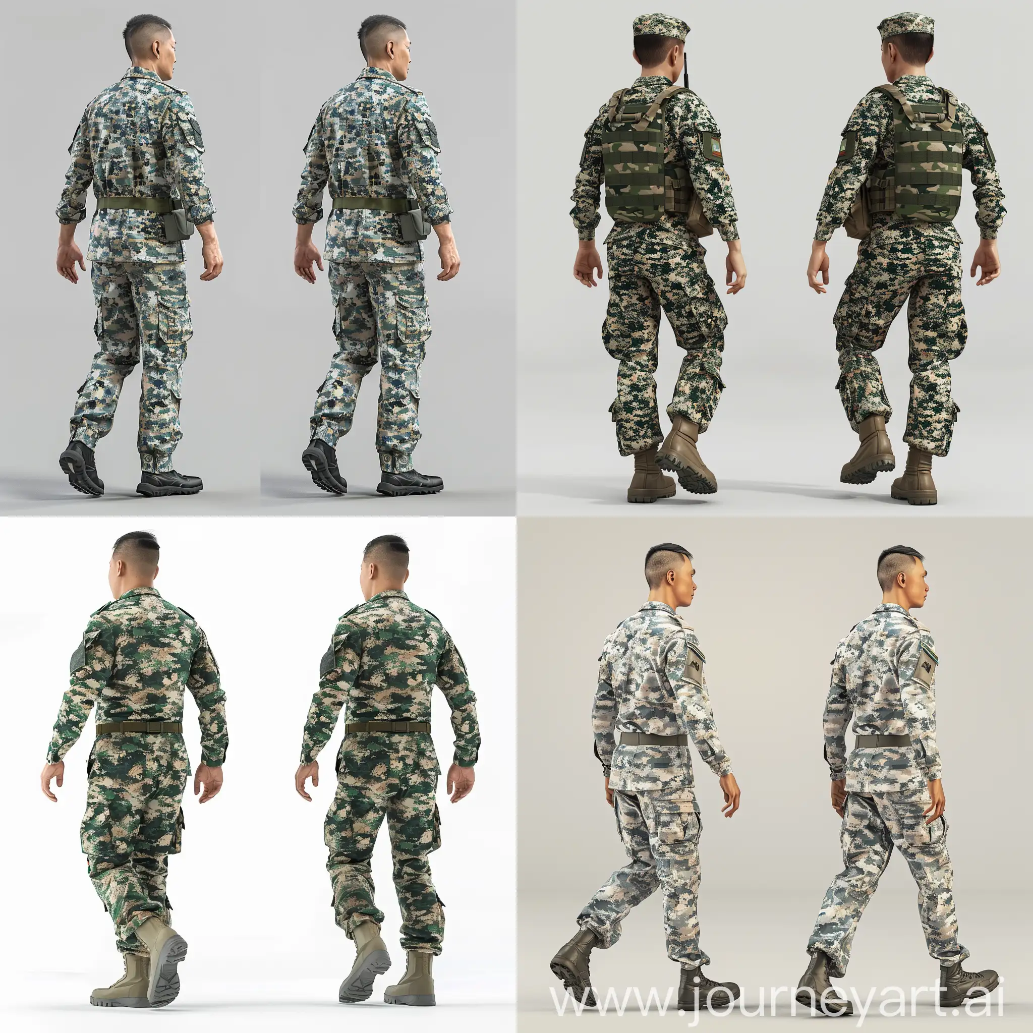 2 singapore men in camouflage uniform, walking, full body image head to toe, ultra detailed, photo realistic, front view & back view