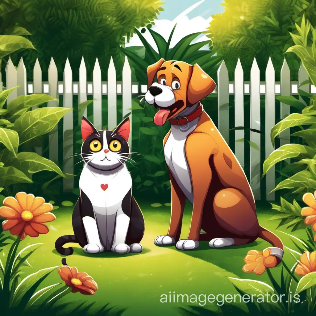 a naughty dog and cat sitting in the garden