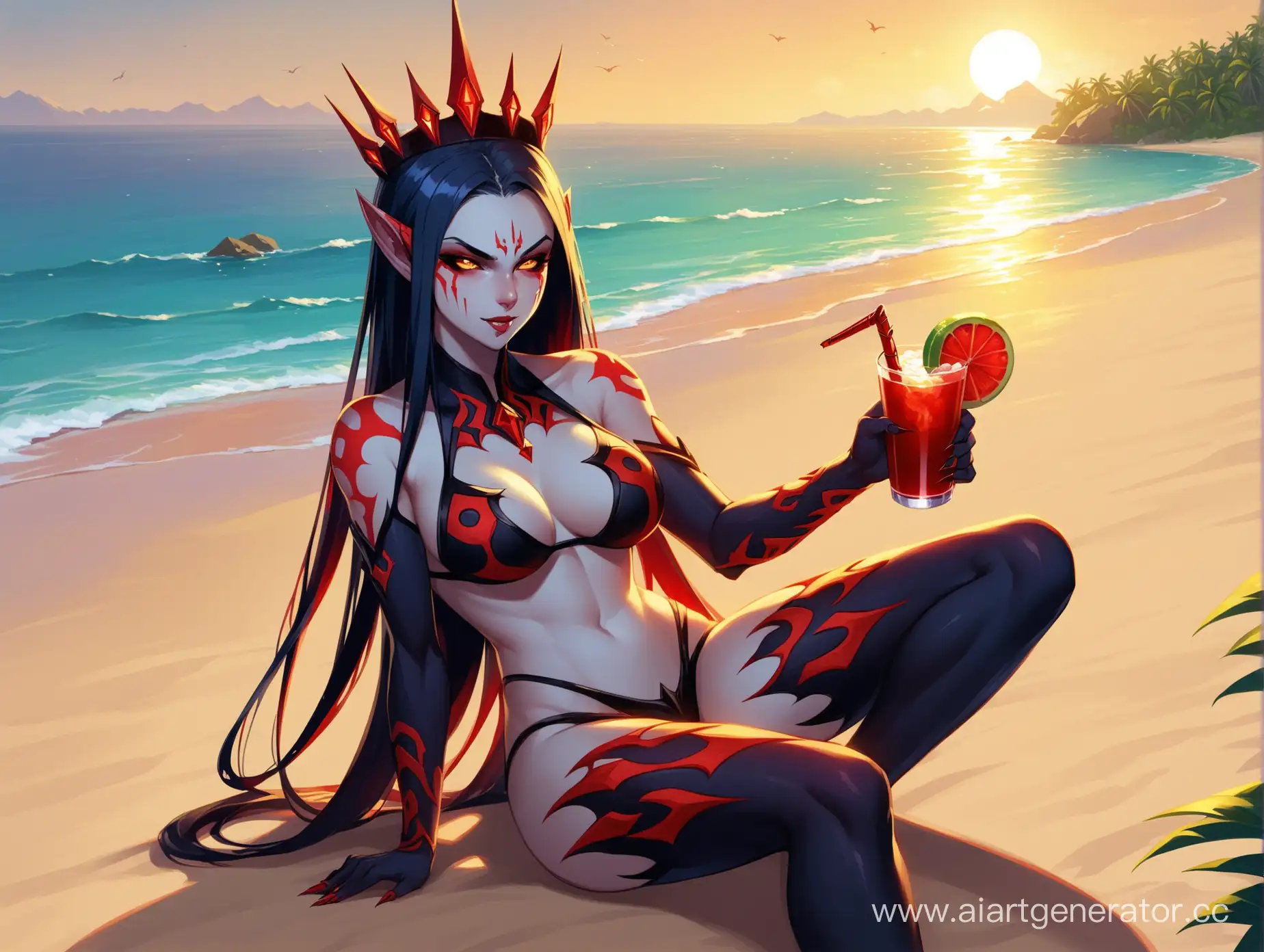 Queen of Pain from Dota 2 chilling on the beach with a drink, slim body