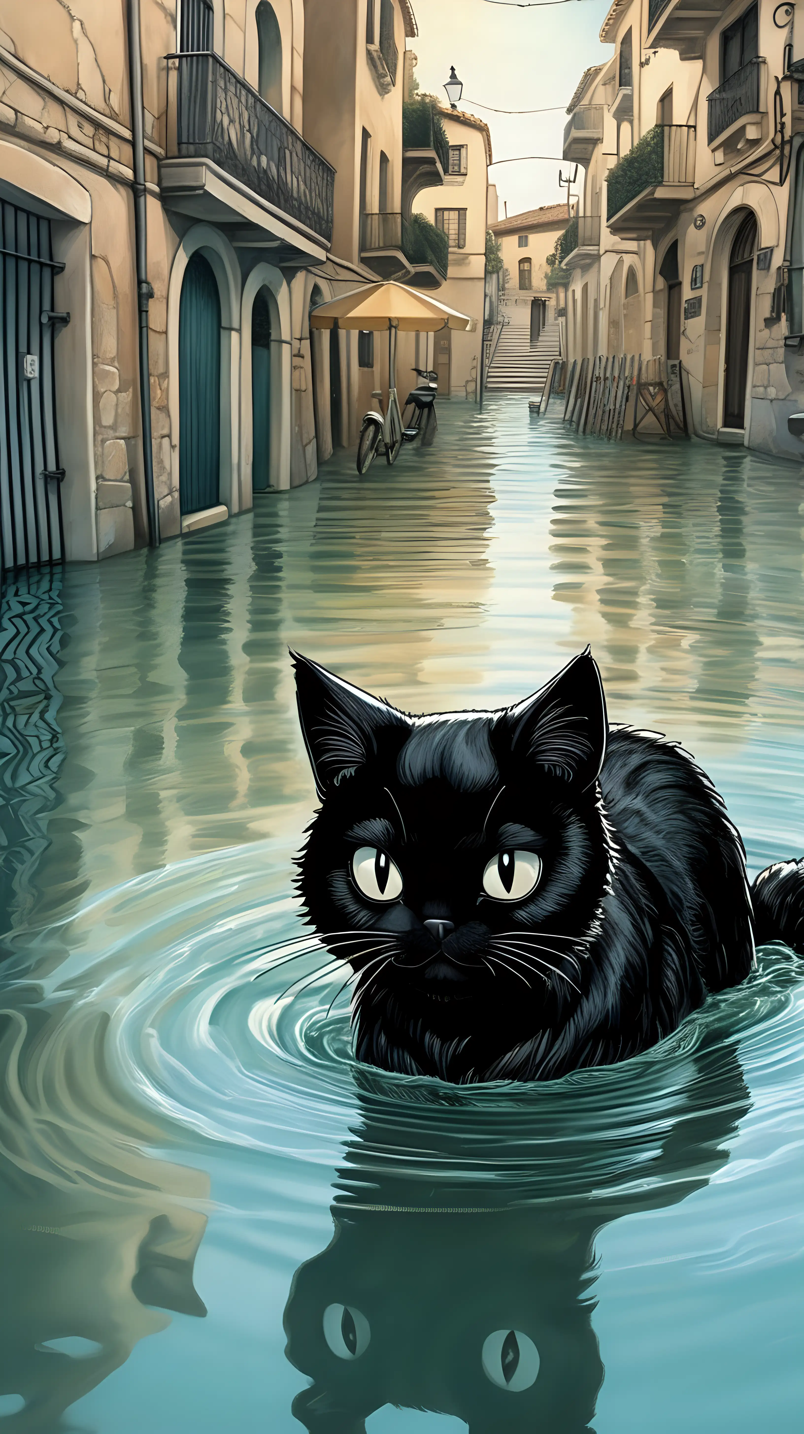 A cat with a sleek, jet-black fur coat. He is swimming in a flooded spanish city. He is trying to survive with only his head over water. Comic book style