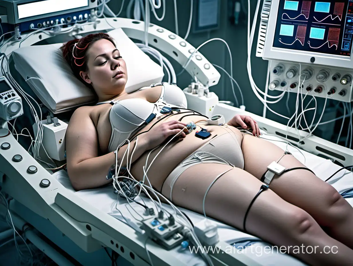 Young white adult woman lying down in a futuristic medical chamber. She is slightly overweight. Numerous heart monitor electrodes are placed on her chest and breasts, connected by wires. A tube connects a catheter inserted into her groin and drains urine into a tube between her legs. She is wearing an underwire bra. Sensors are attached to her body to monitor her vital signs.