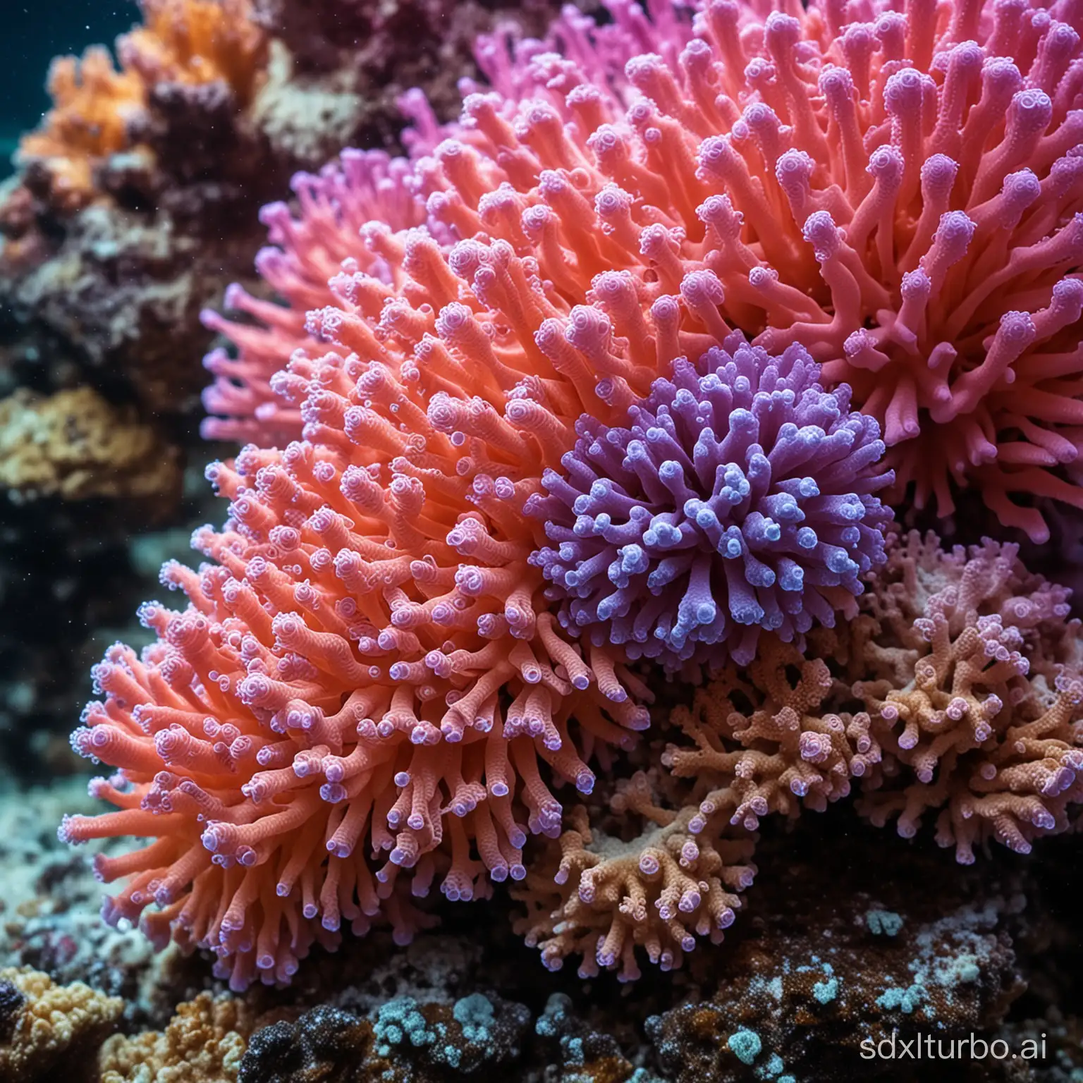 A cluster of intricate coral formations erupted in hues of orange, pink and purple, delicate marine habitats, hidden treasures, macro perspective, sense of discovery, underwater colorfulness, water droplets reflect blue surrounding waters, Olympus Tough TG-6, macro lens at f/2, selective focus, --style random --stylize 100 --weird 1000 --ar 4:3 --v 6