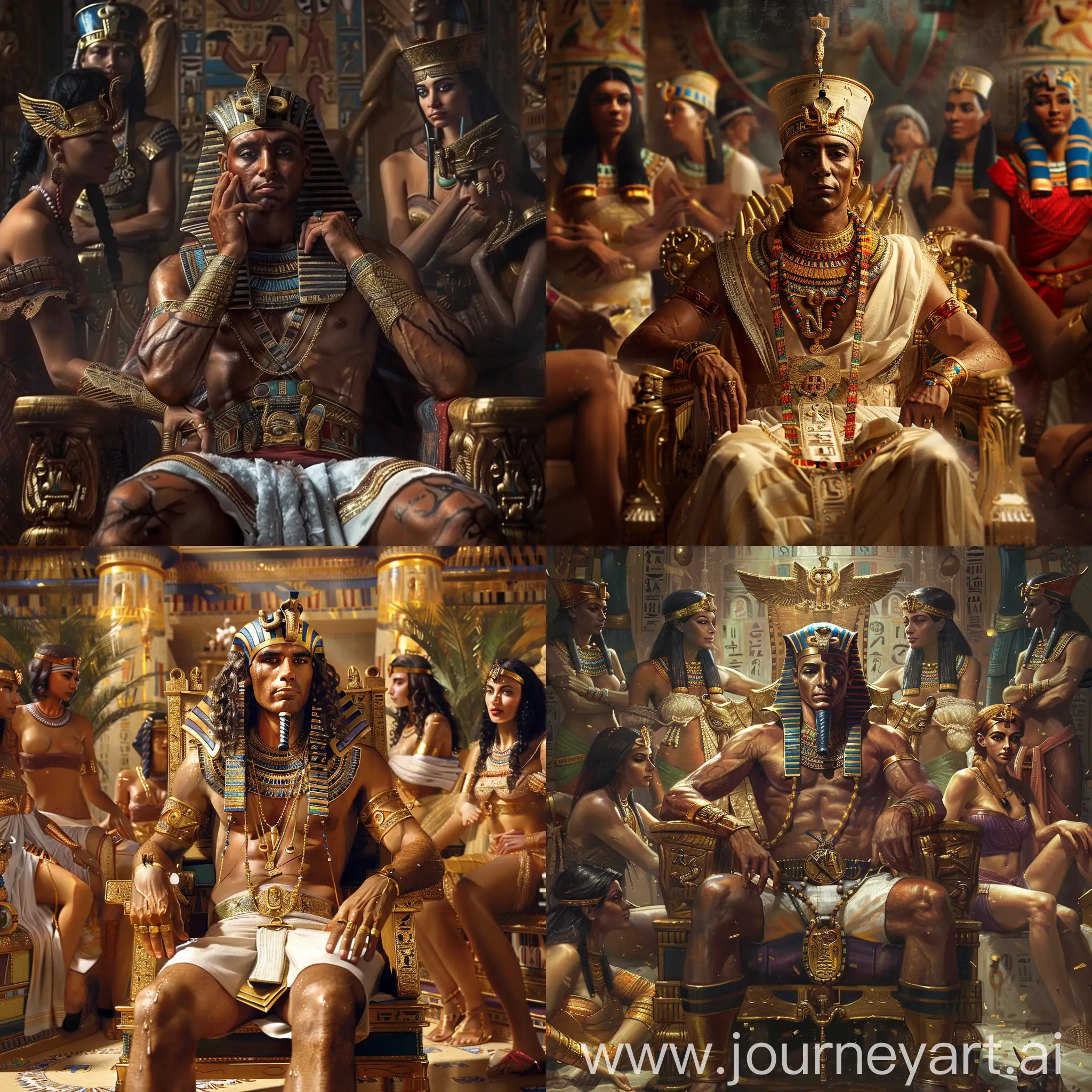 древнеегипетский фараон сидит в тронном зале, его окружают красивые наложницы, золото, украшения, утонченно, фотореализм, гиперреализм
