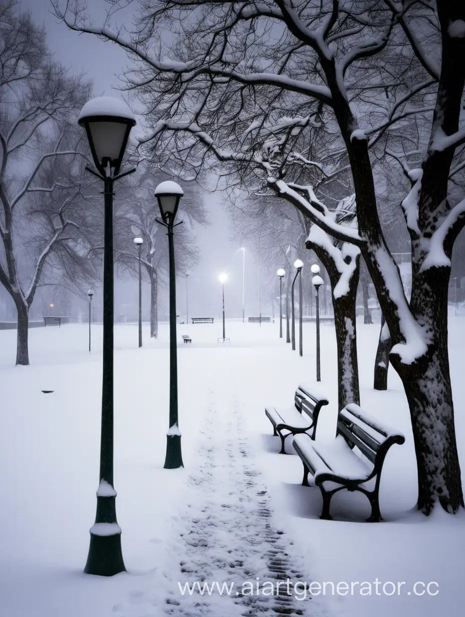 зима, снегопад, парк, деревья, нет людей, тропинка, скамейки, фонари, маленькая луна