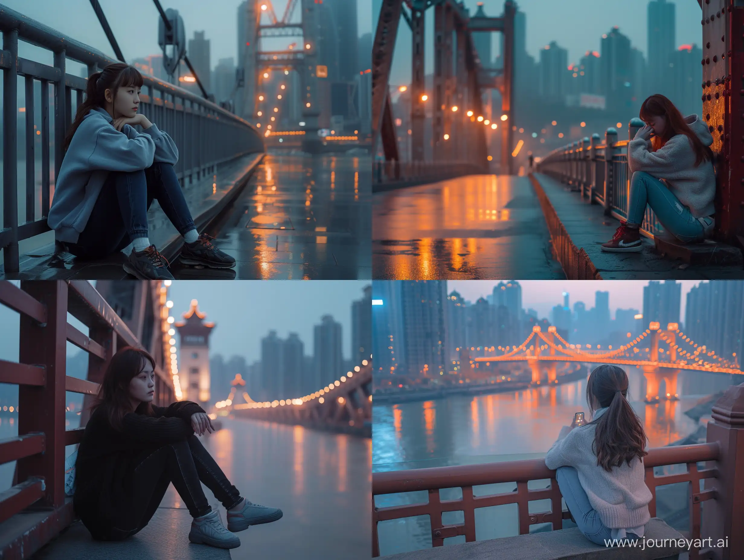 a phone photo of a women sitting on the bridge, Chongqing China city, soft lighting, style raw posted on reddit in 2019,