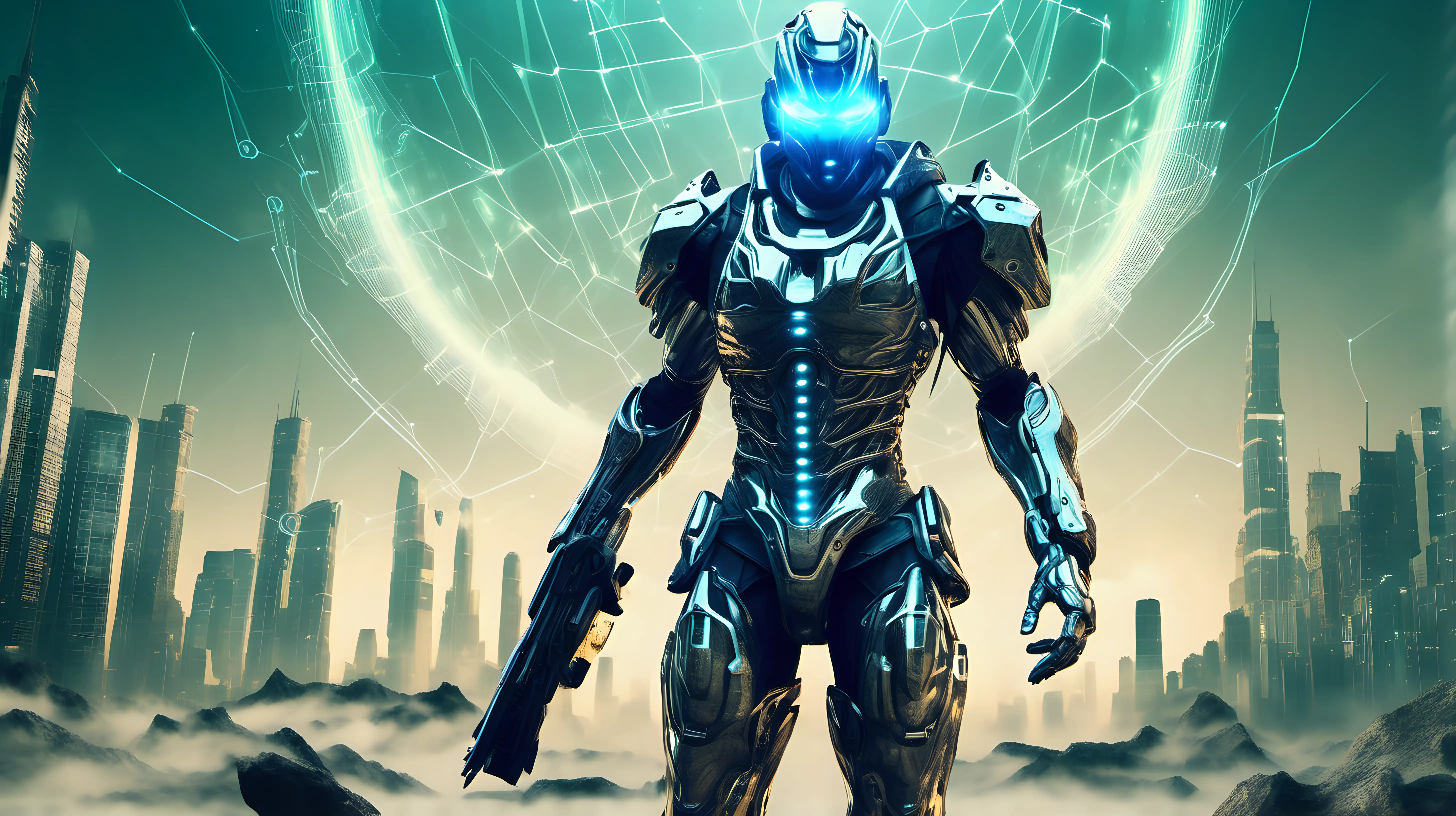 A digital avatar representing a hacker, clad in cybernetic armor and wielding virtual weapons in a virtual landscape.