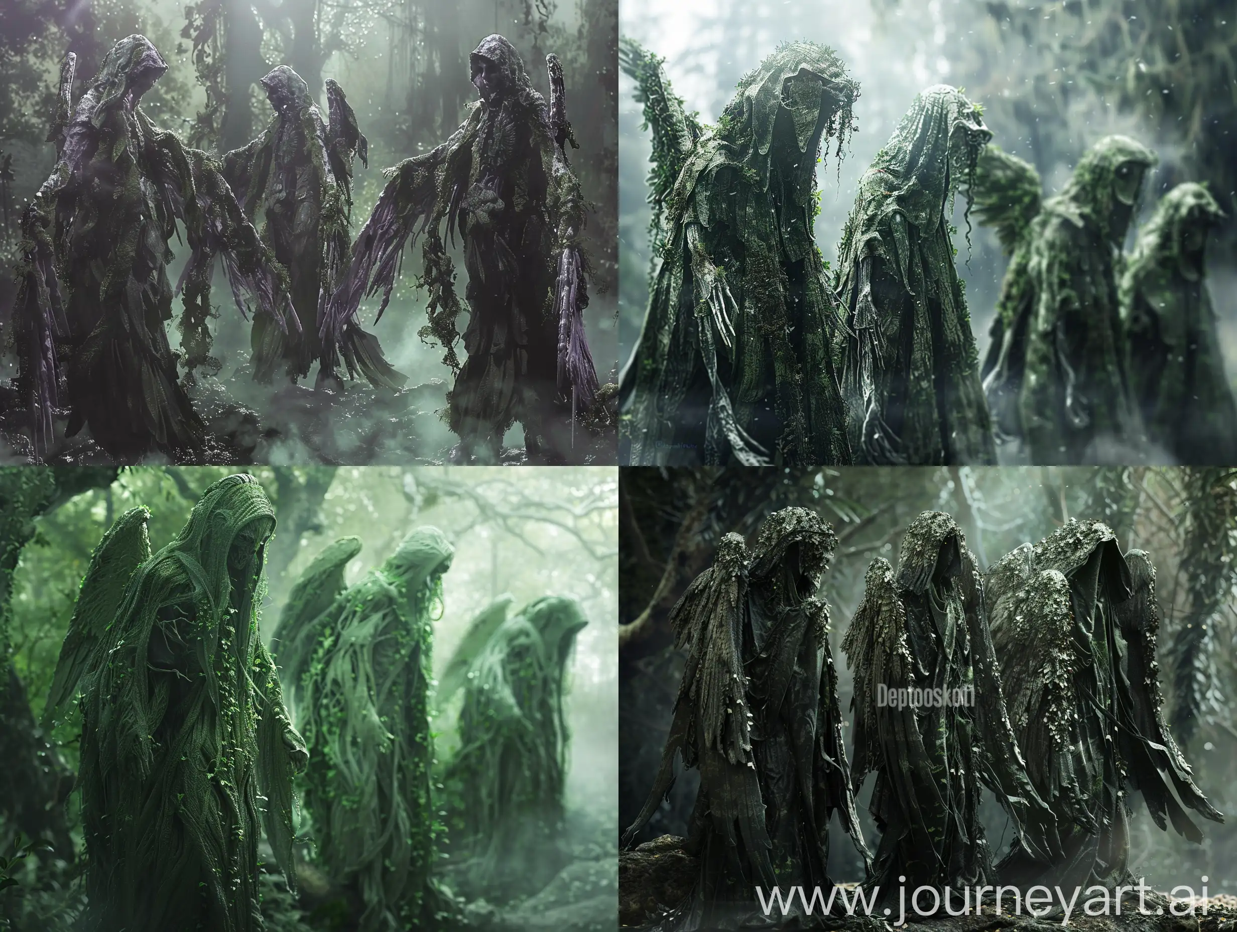 interdimentional entity figures similar to the celestial angelic beings as described in the book of ezekiel covered with dark forest elements in detail